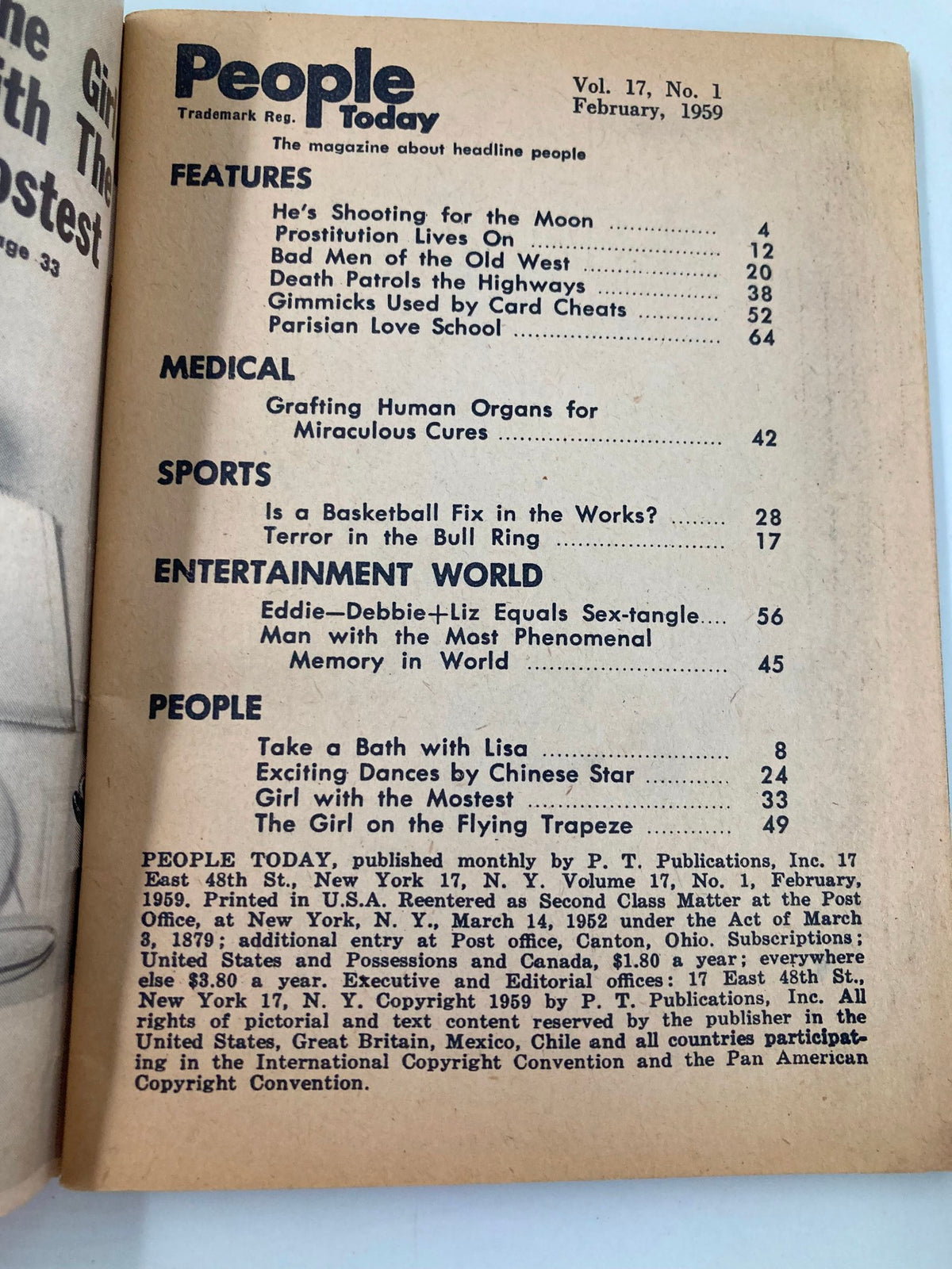 Contents page of VTG People Today Mini Magazine February 1959, listing features including 'Parisian Love School' and other articles.