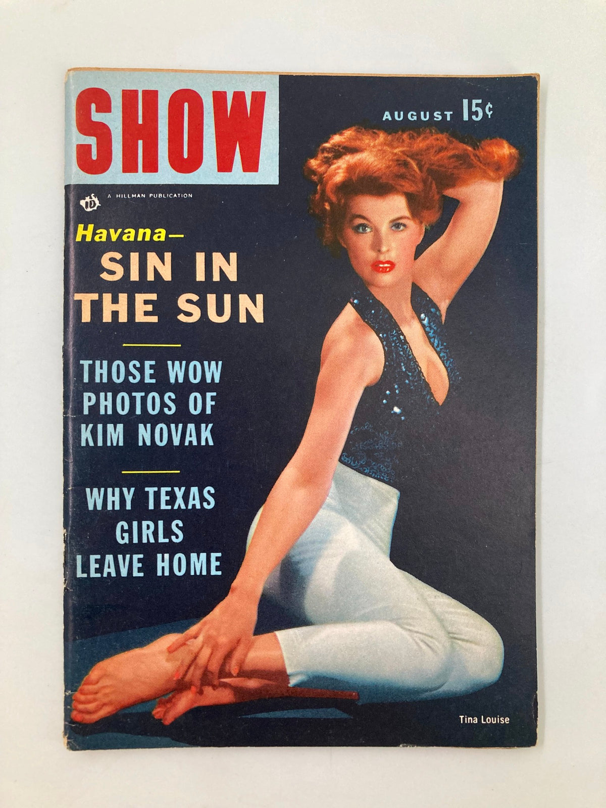 VTG Show Magazine August 1956 featuring Tina Louise on the cover, showcasing mid-20th century fashion.