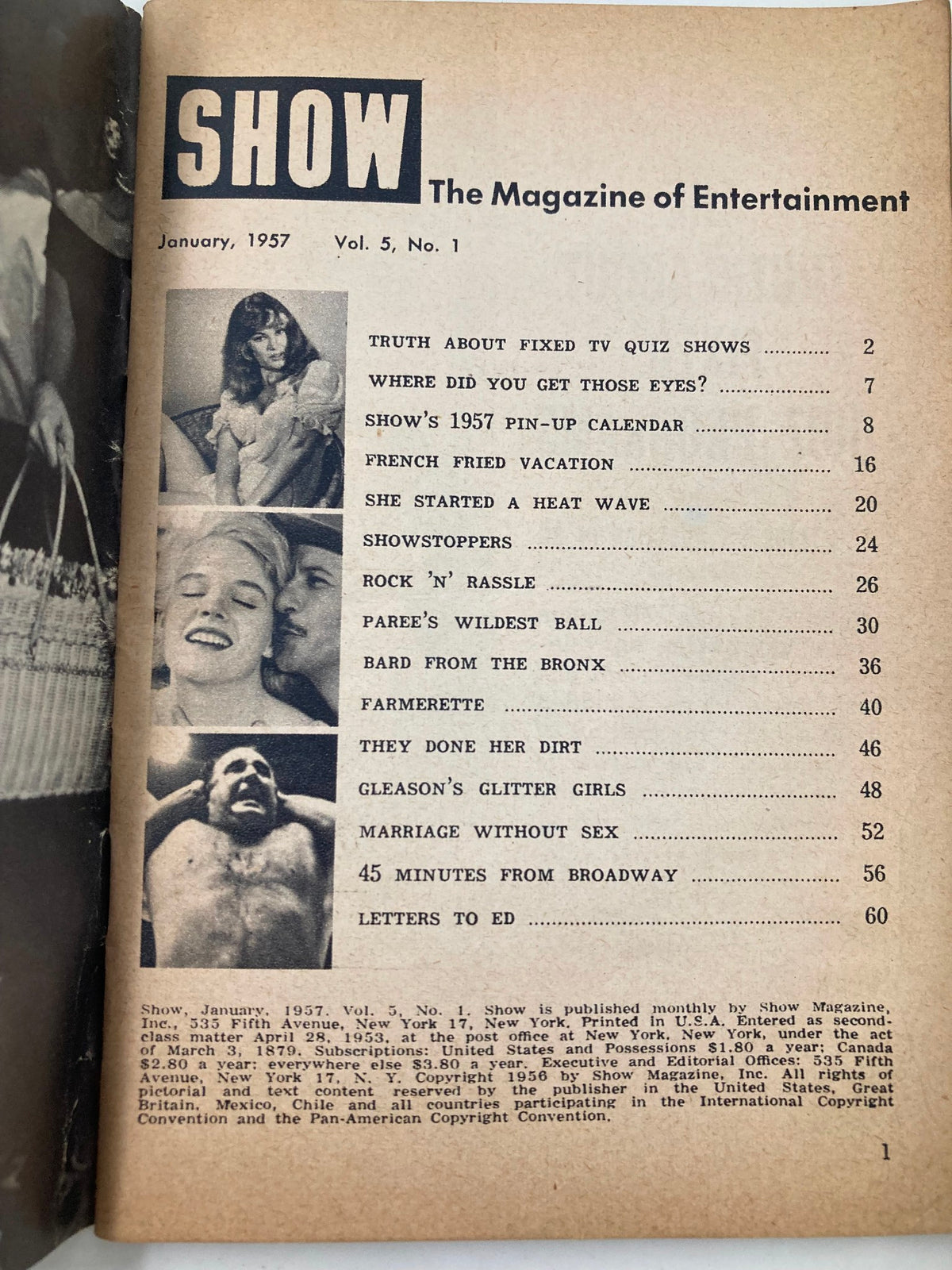 Inside page of VTG Show Magazine January 1957 displaying the table of contents with featured articles including 'Paree's Wildest Ball' and other entertainment topics.