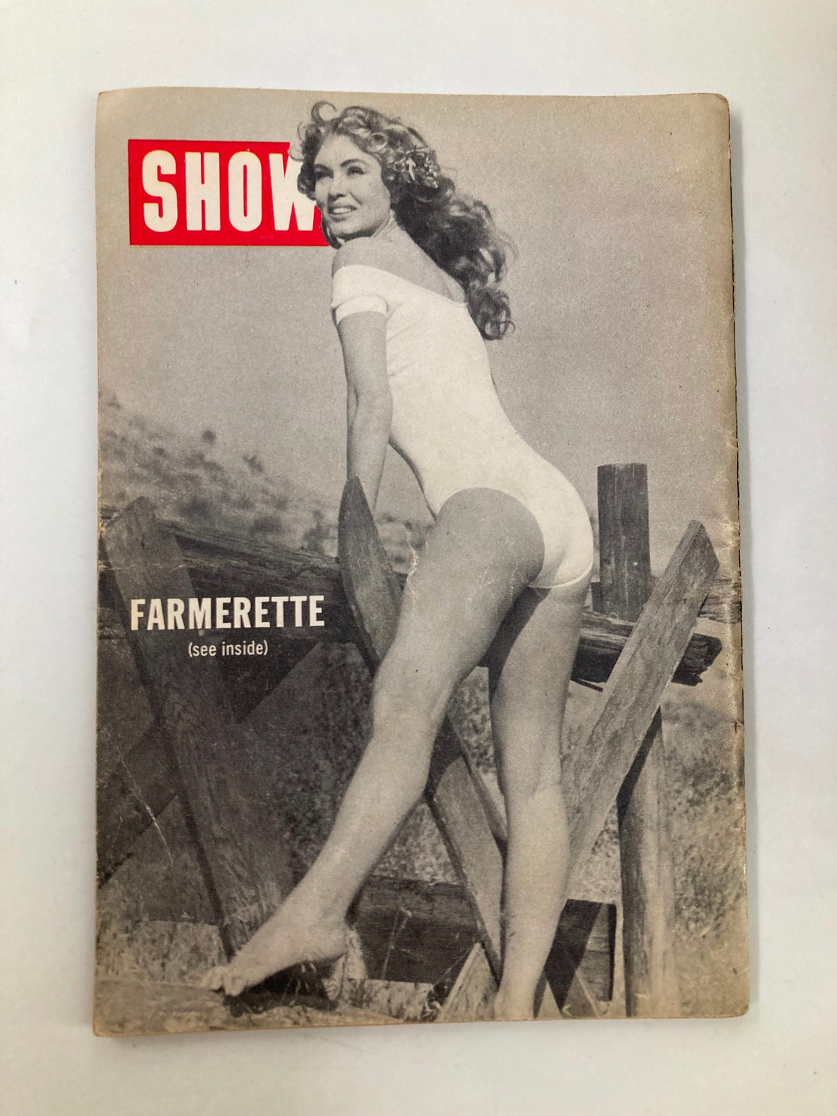 Cover of VTG Show Magazine January 1957 featuring a model in a swimsuit, with the title 'Farmerette' prominently displayed, showcasing mid-century style and vintage fashion.