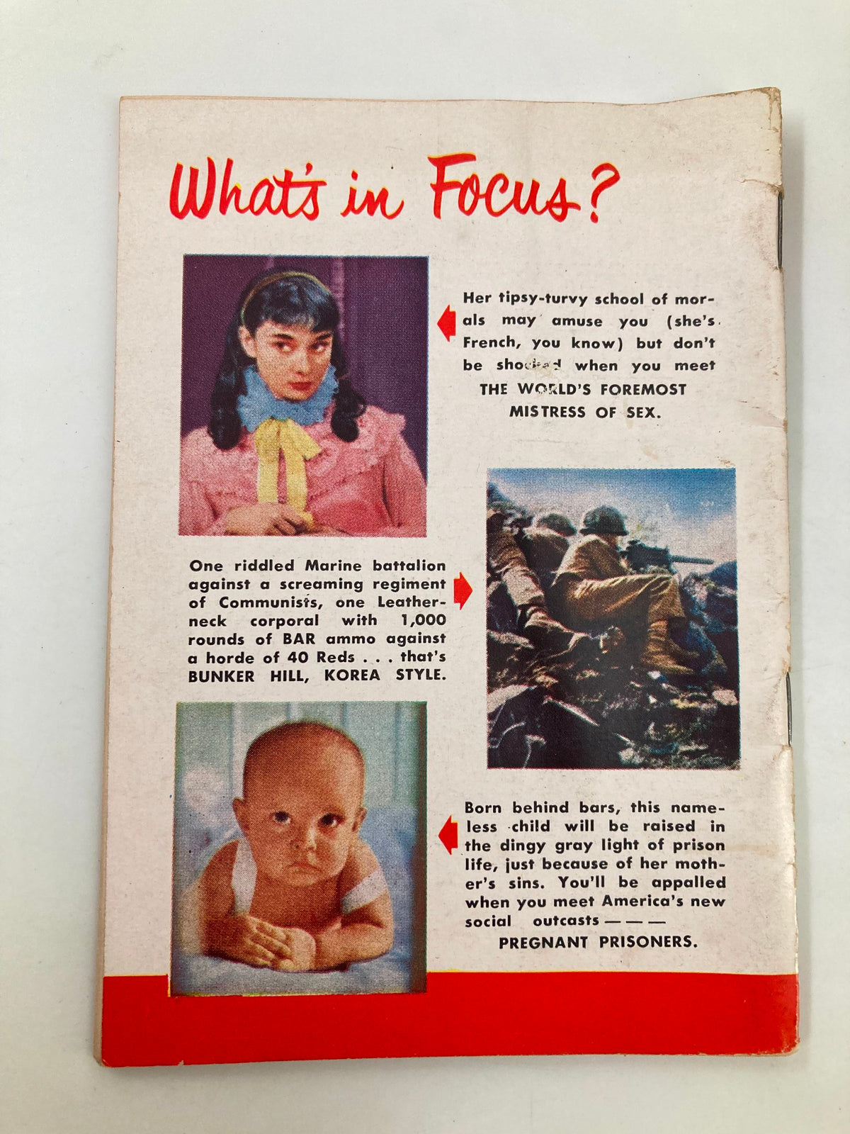 Back cover of VTG Focus Magazine April 1952 presenting a collage of images and text, including highlights from the publication.