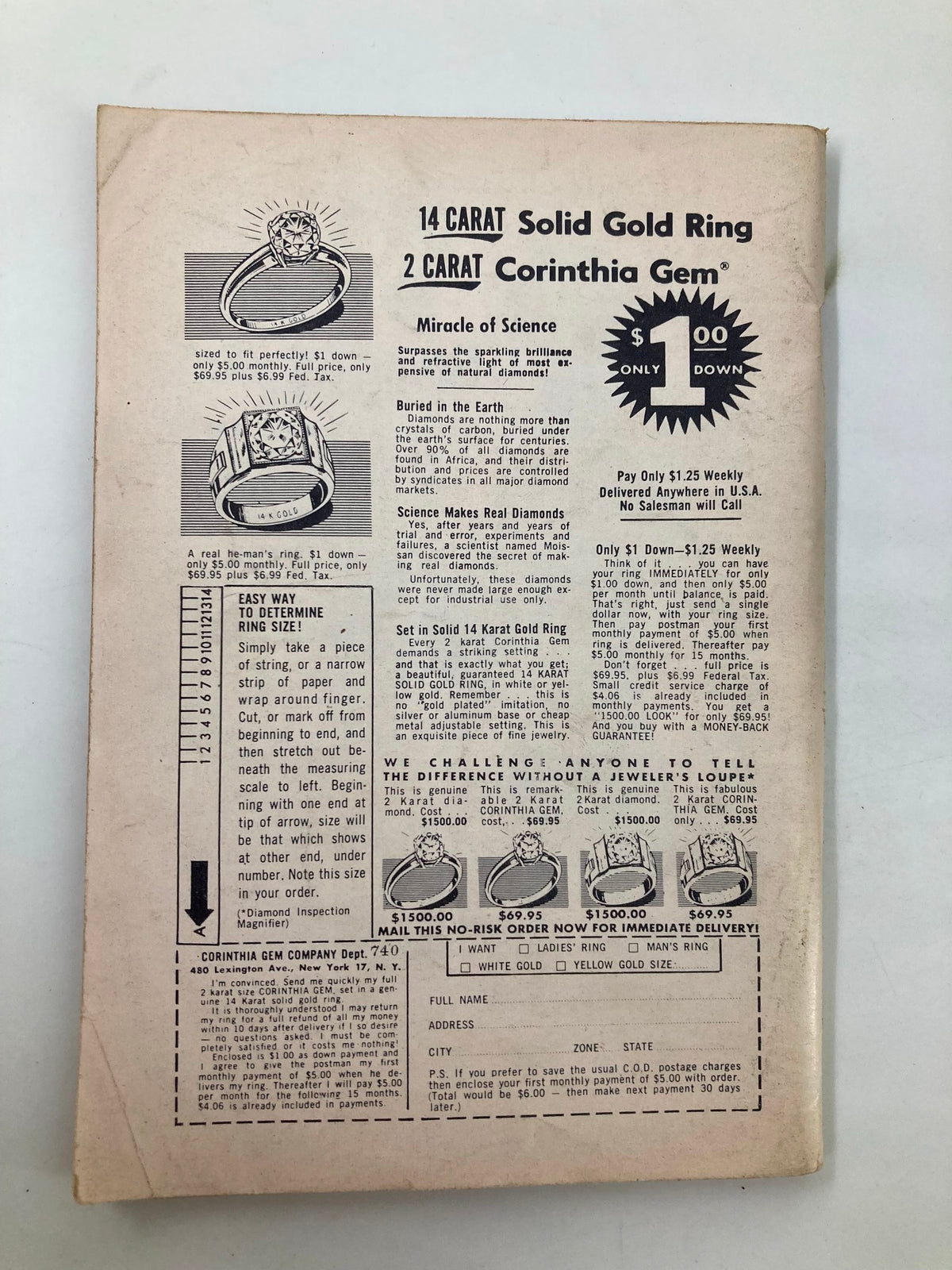 Back cover of the VTG Chicks and Chuckles Magazine February 1960 featuring an advertisement for 14 carat solid gold rings with Corinthia gems, showcasing pricing and ordering details.