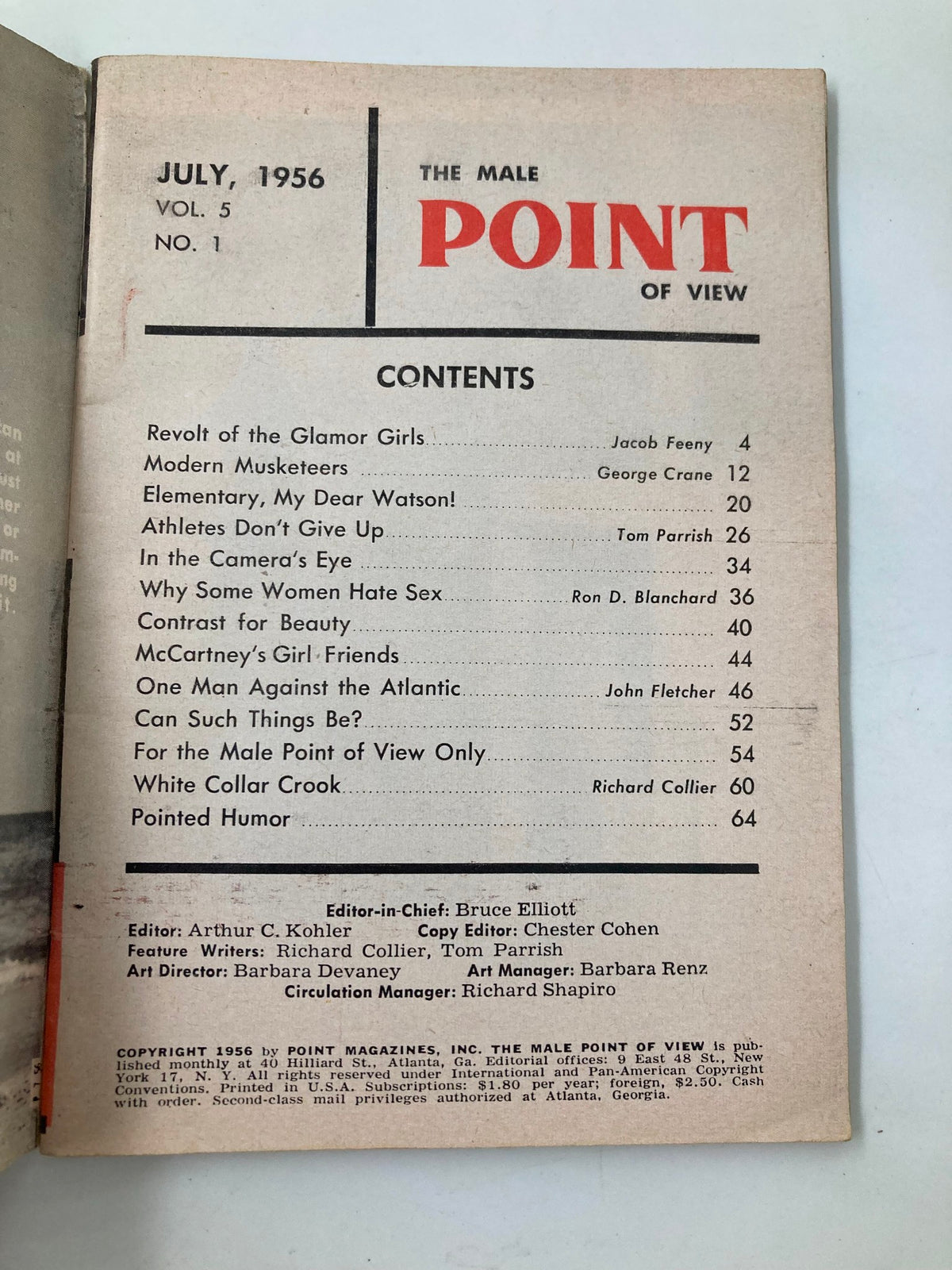 Contents page of VTG The Male Point of View Magazine July 1956 listing articles including 'Revolt of the Glamour Girls' and 'Why Some Women Hate Sex'.