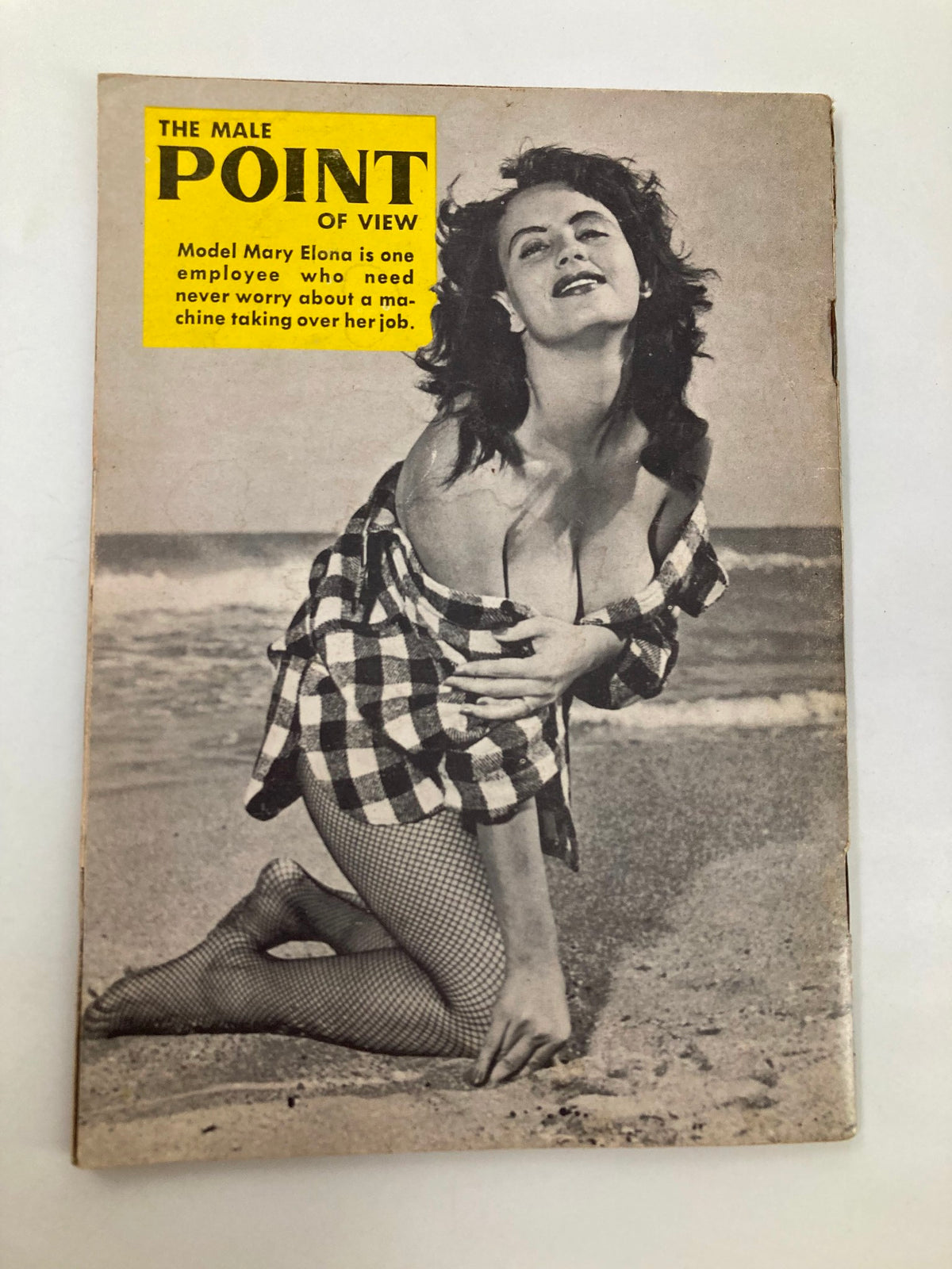 Back cover of VTG The Male Point of View Magazine July 1956 showcasing model Mary Elona in a beach setting with a promotional caption.