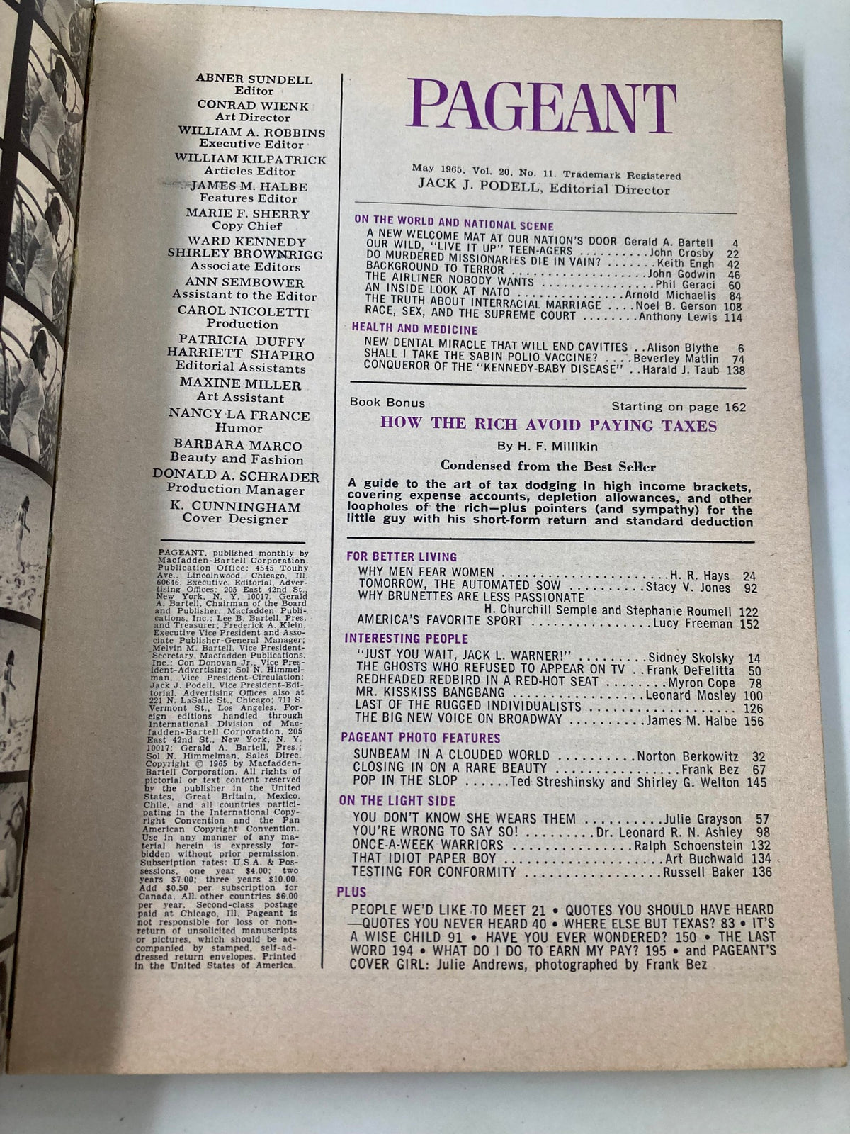 Table of contents from the VTG Pageant Magazine May 1965, highlighting articles such as 'The Man Julie Andrews Can Never Forgive,' featuring cultural insights and editor details, perfect for vintage magazine collectors.