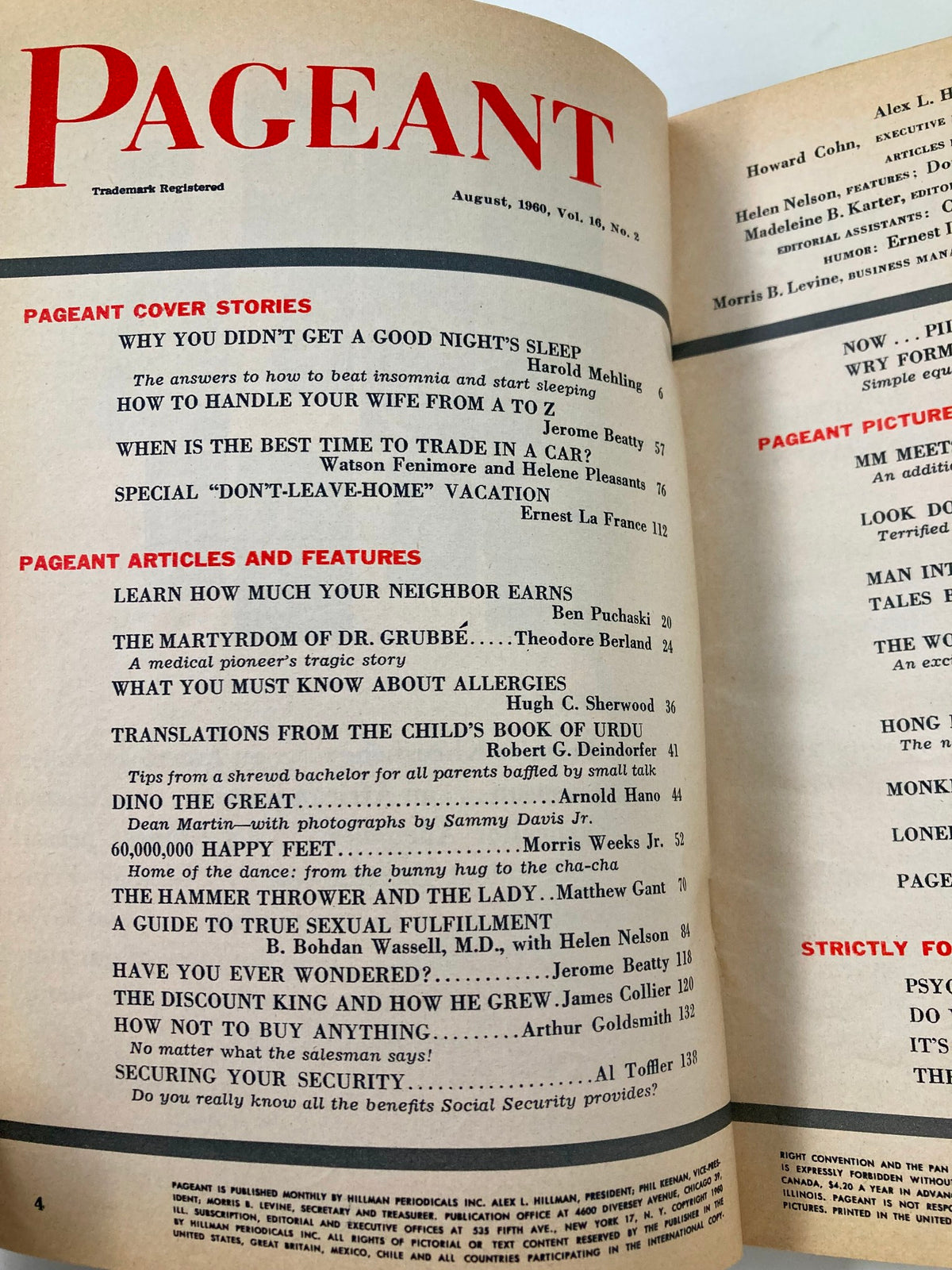 Table of contents from VTG Pageant Magazine August 1960 displaying various articles including those on sleep issues and lifestyle tips.