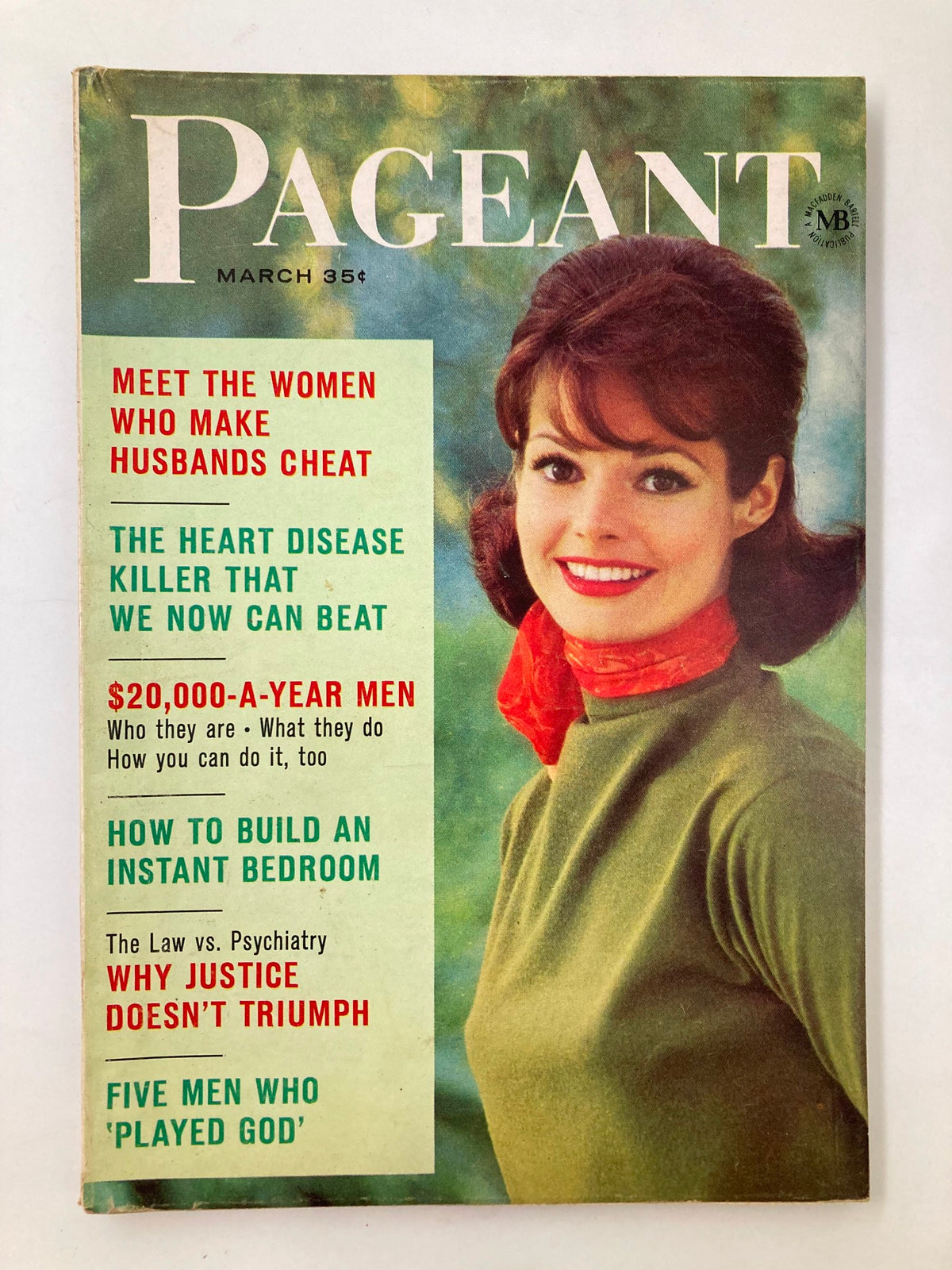 Cover of VTG Pageant Magazine March 1963 featuring headlines about heart disease, relationships, and lifestyle tips, showcasing a vintage design with a smiling woman in a green top and red scarf.
