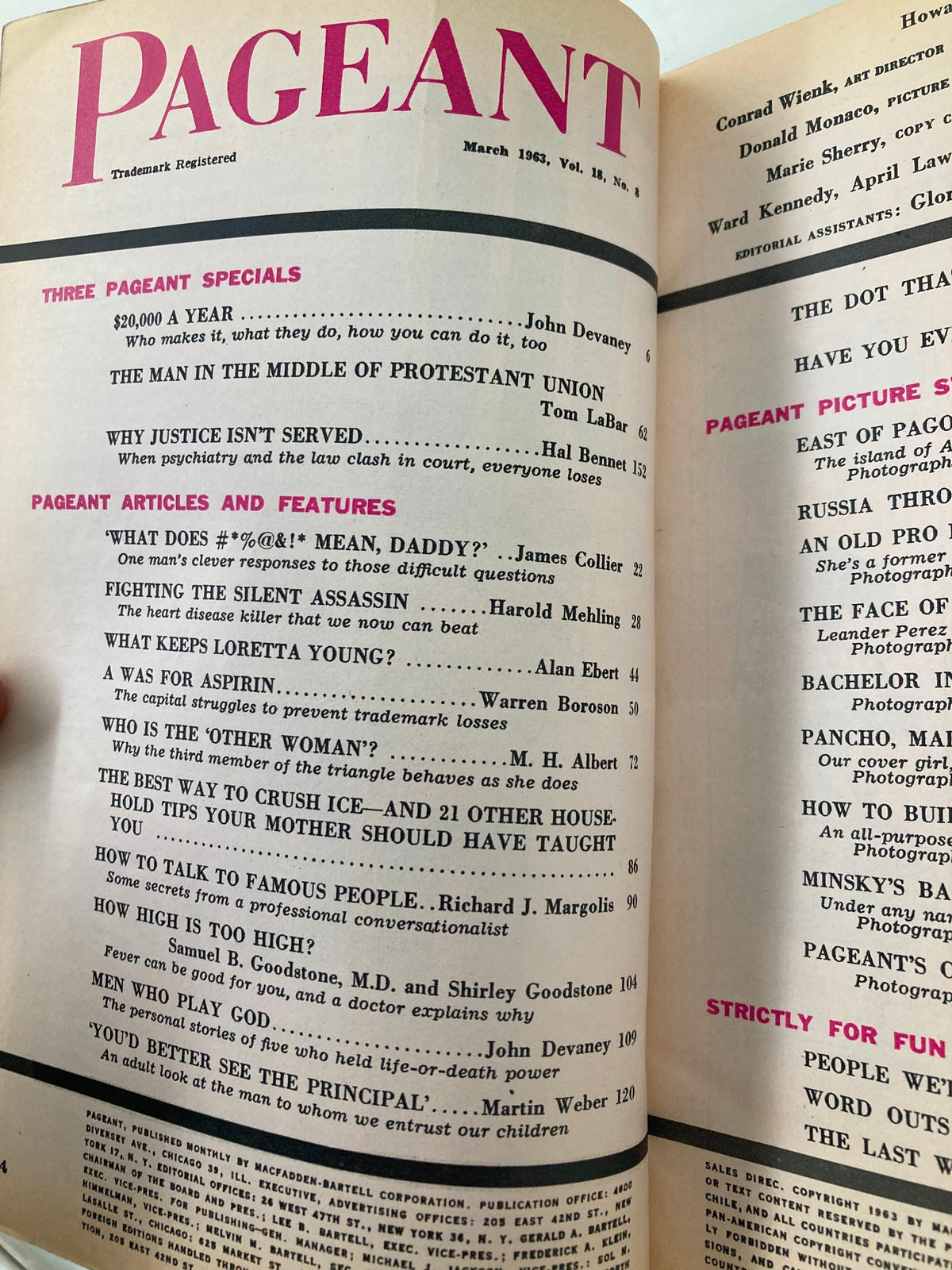 Cover page of the VTG Pageant Magazine March 1963 featuring the title and contents list including articles on heart disease and lifestyle topics.