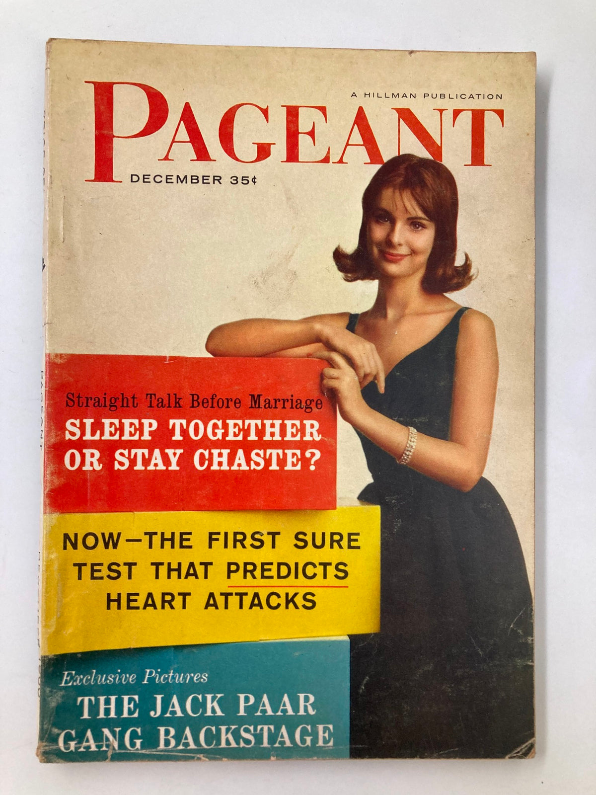 VTG Pageant Magazine December 1960 cover featuring a woman in a black dress, highlighting articles about relationships and exclusive backstage pictures from The Jack Paar Gang.