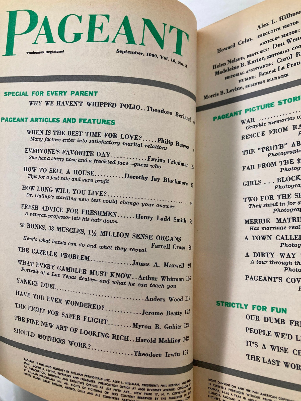 Inside page of VTG Pageant Magazine September 1960 showcasing the article 'Why We Haven't Whipped Polio' and a list of featured articles.