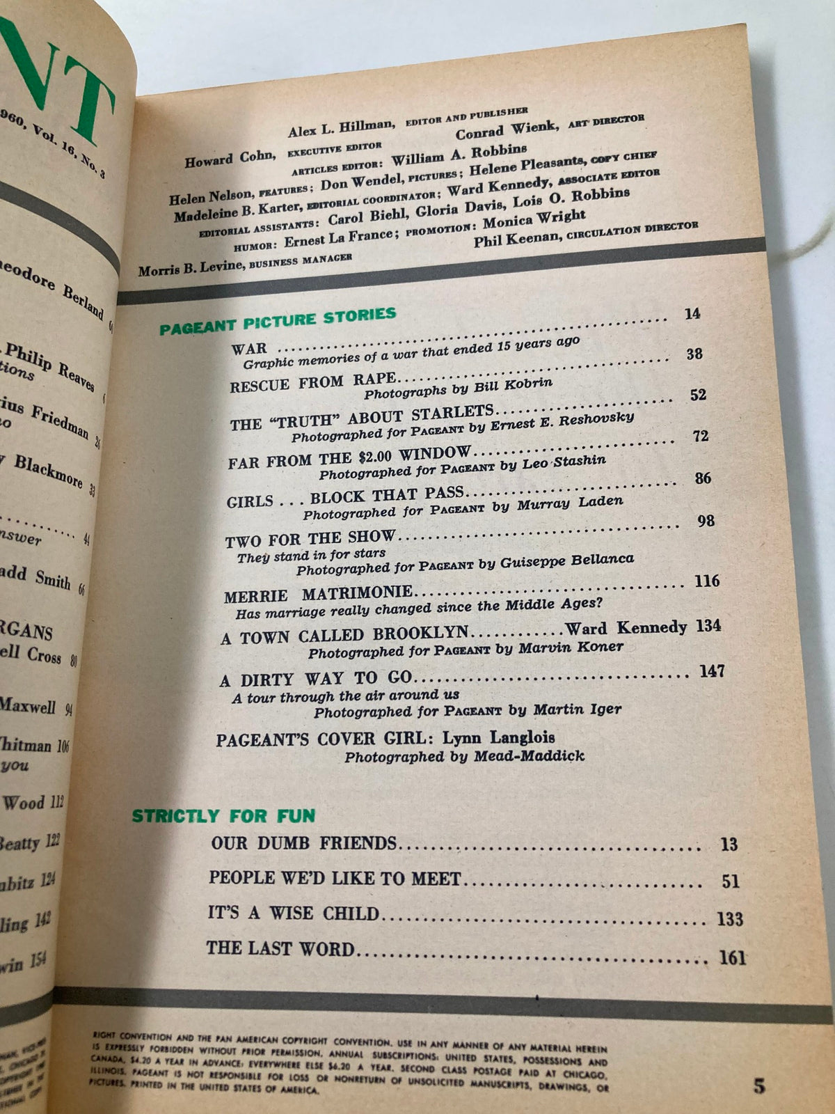 Another inside page of VTG Pageant Magazine September 1960 displaying content details and titles like 'Merrie Matrimonie' and 'A Town Called Brooklyn'.