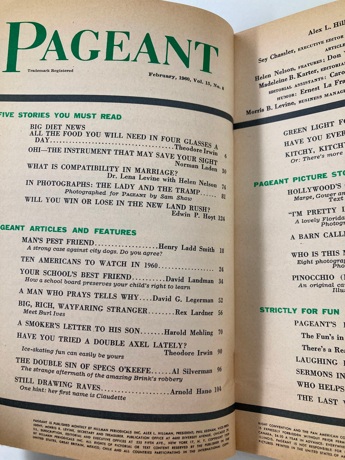 Inside page of VTG Pageant Magazine February 1960, listing featured articles including 'A Smoker's Letter to His Son,' along with other compelling stories from the era.