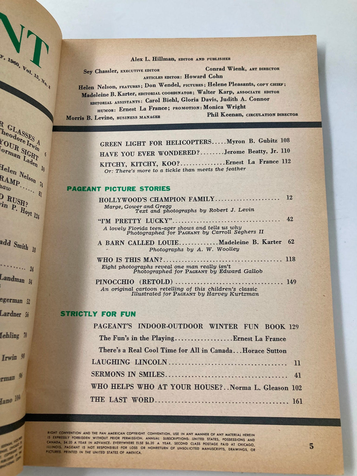 Interior page of VTG Pageant Magazine February 1960 featuring the editor credits and article listings including 'A Smoker's Letter To His Son'.