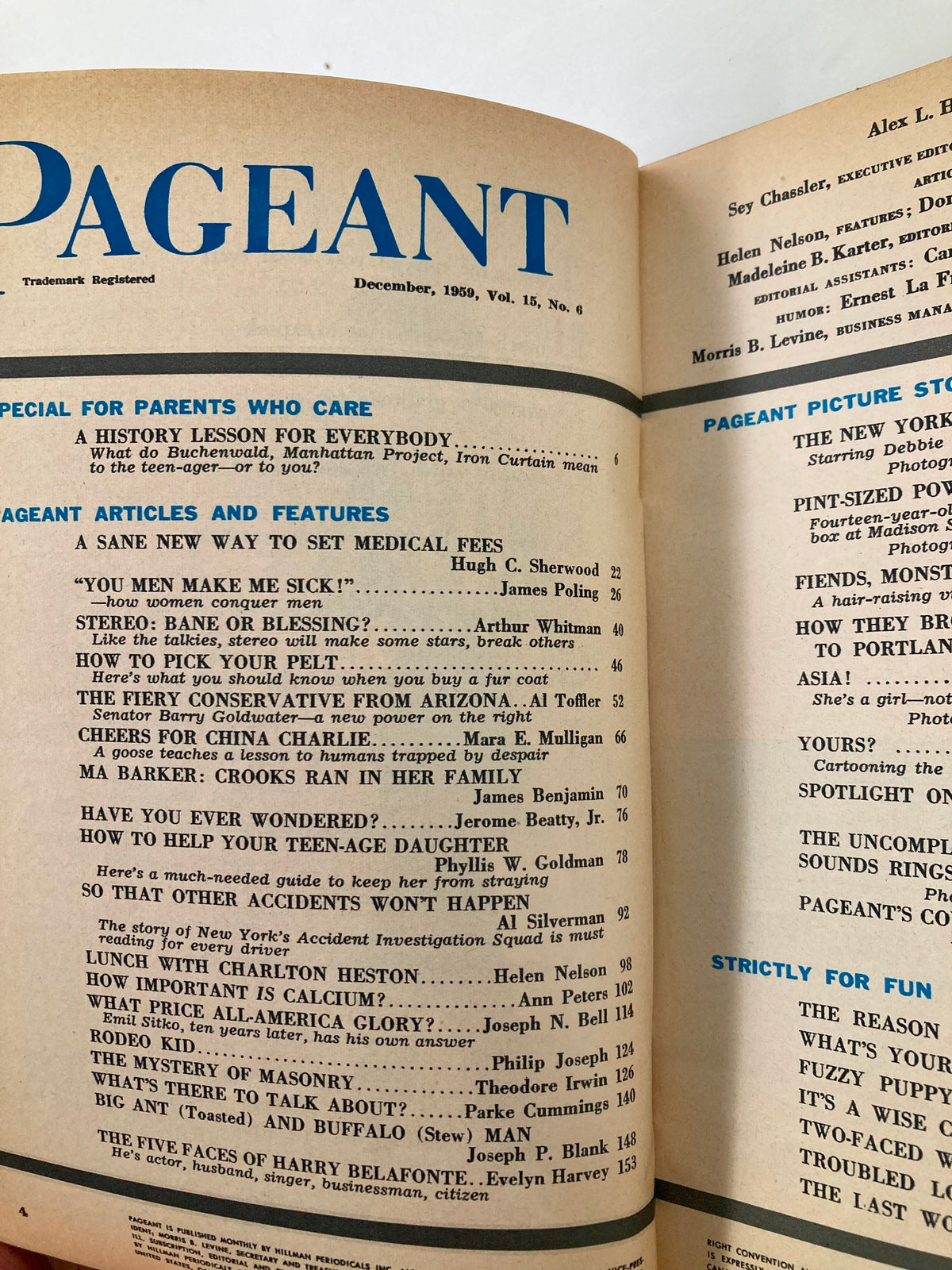 Interior page of VTG Pageant Magazine December 1959, showcasing the table of contents and features including cultural articles and insights from the 1950s.