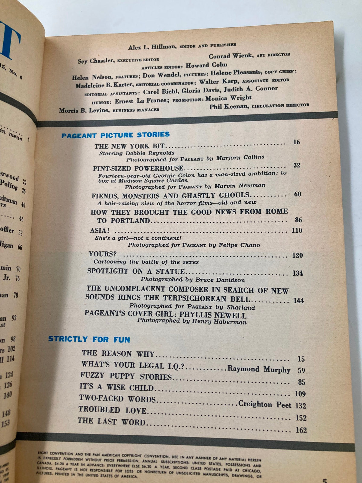 Another interior page of VTG Pageant Magazine December 1959, displaying more articles and features relevant to mid-20th century culture and events.