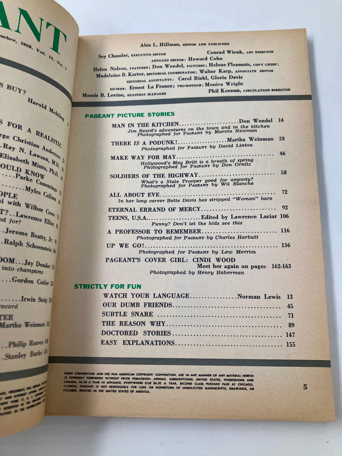 Second interior page of VTG Pageant Magazine November 1959 listing additional articles and topics related to lifestyle, entertainment, and social issues.