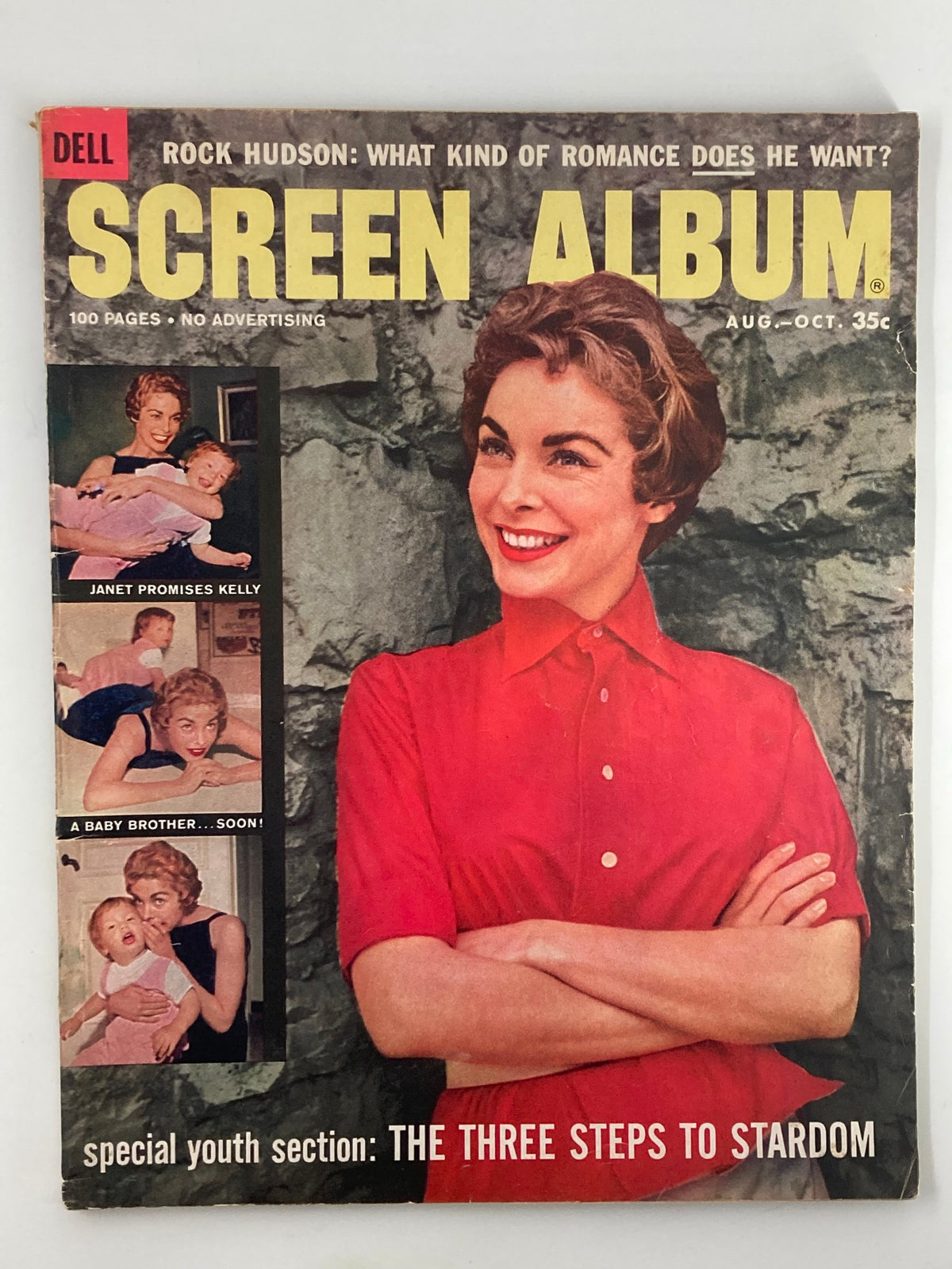 VTG Screen Album Magazine August 1958 featuring Janet Leigh and Rock Hudson on the cover, showcasing vintage Hollywood charm with a bright red attire and captivating graphics.