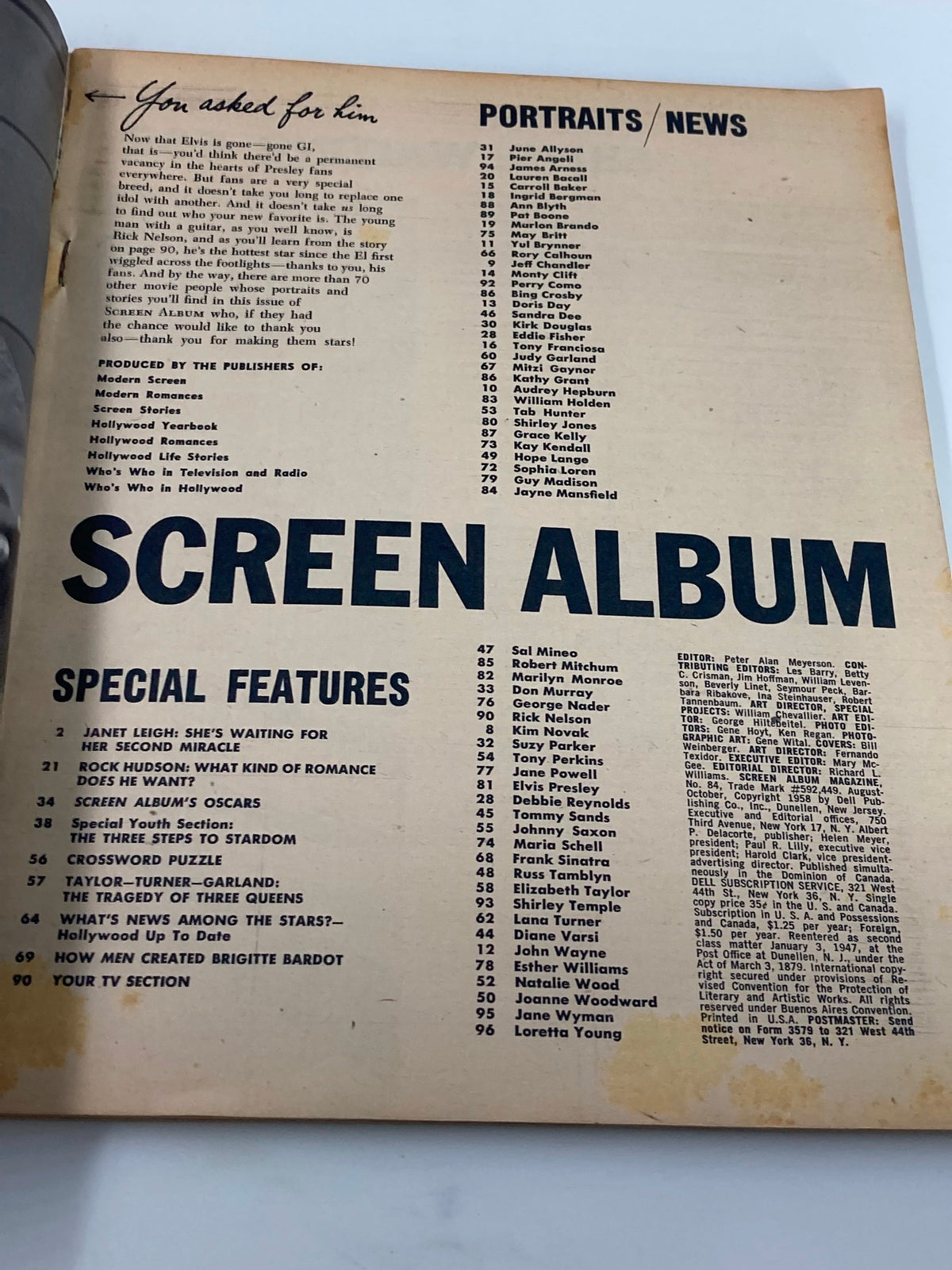 Interior page of VTG Screen Album Magazine August 1958 displaying the table of contents with special features, including profiles on Hollywood stars and classic cinema topics.