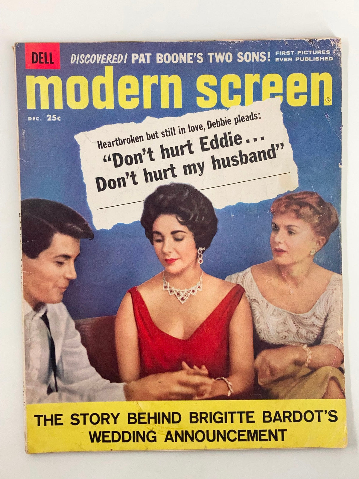 Cover of VTG Modern Screen Magazine December 1958 featuring dramatic imagery and text highlights about Brigitte Bardot and Pat Boone.