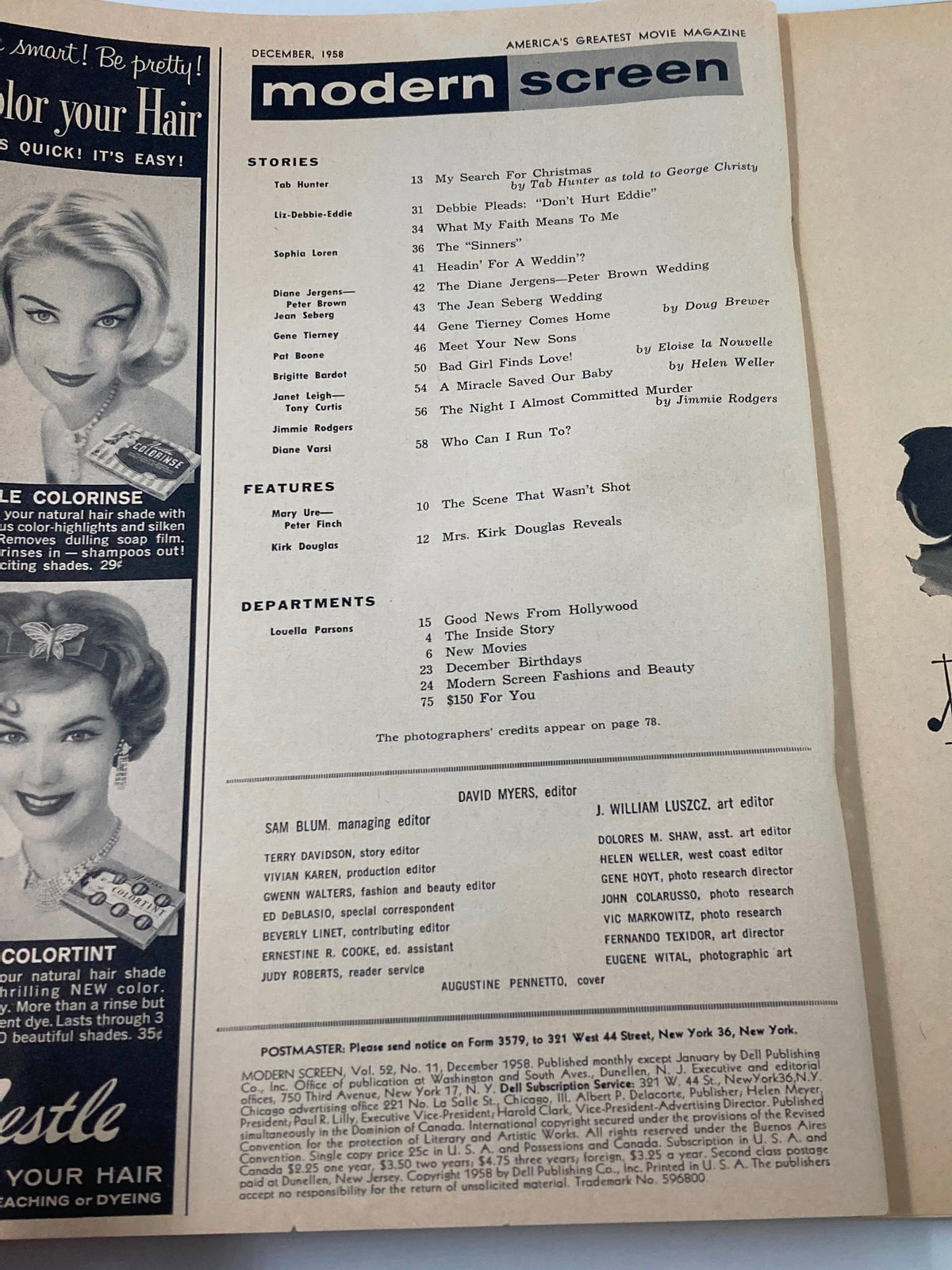 Inside page of VTG Modern Screen Magazine December 1958 displaying an index of stories and contributors, highlighting the pop culture themes of the era.
