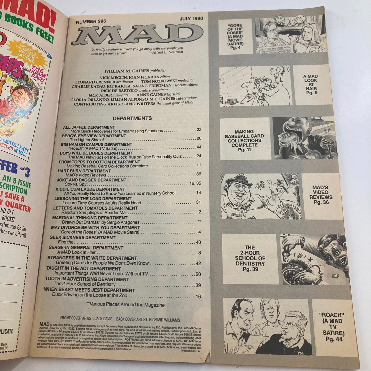 Table of contents from Mad Magazine July 1990 No. 296 featuring various departments including humor and satire on baseball cards, and additional articles.