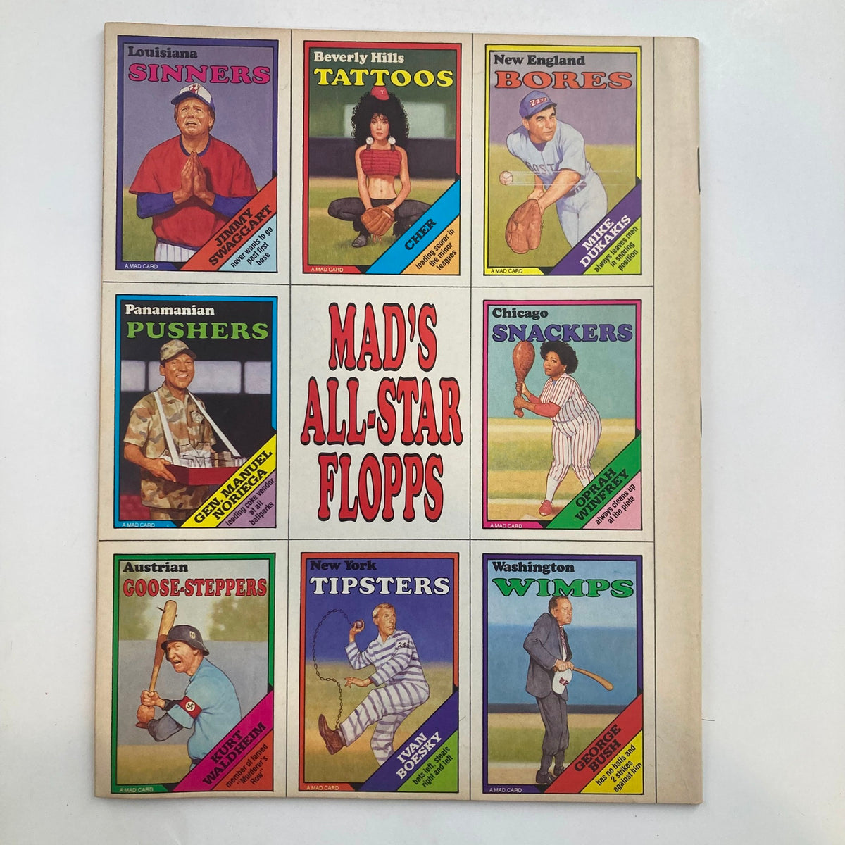 The colorful page from Mad Magazine October 1988 No. 282 titled 'Mad's All-Star Flopps,' depicting humorous caricatures of fictional baseball teams and players, illustrating the magazine's satirical style.