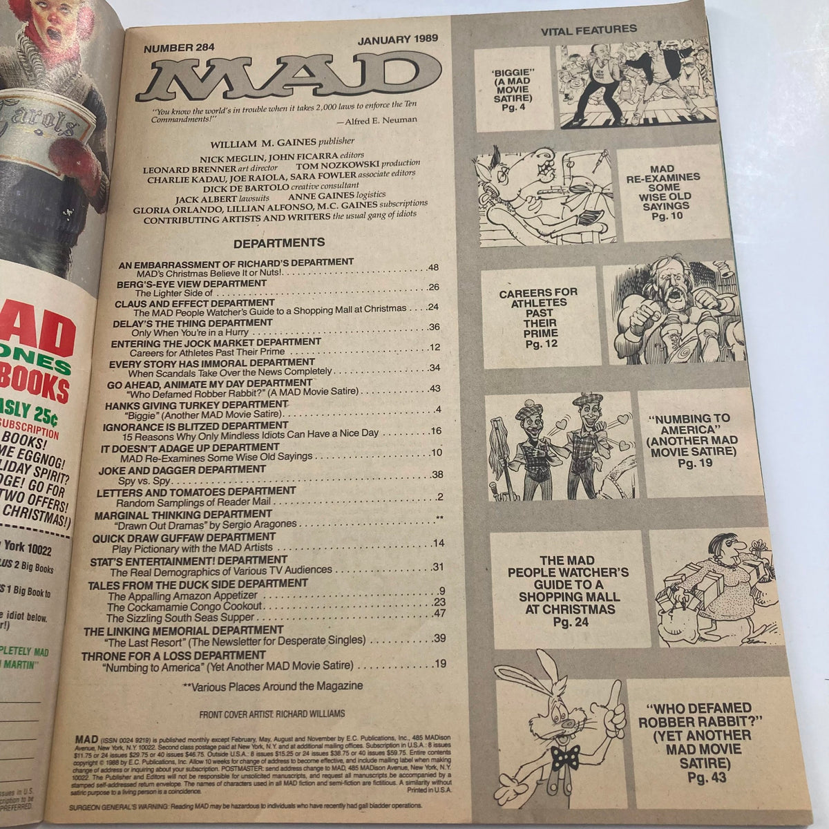 Inside page of Mad Magazine January 1989 No. 284 displaying the table of contents, highlighting various humorous features and satirical articles typical of the magazine's style.