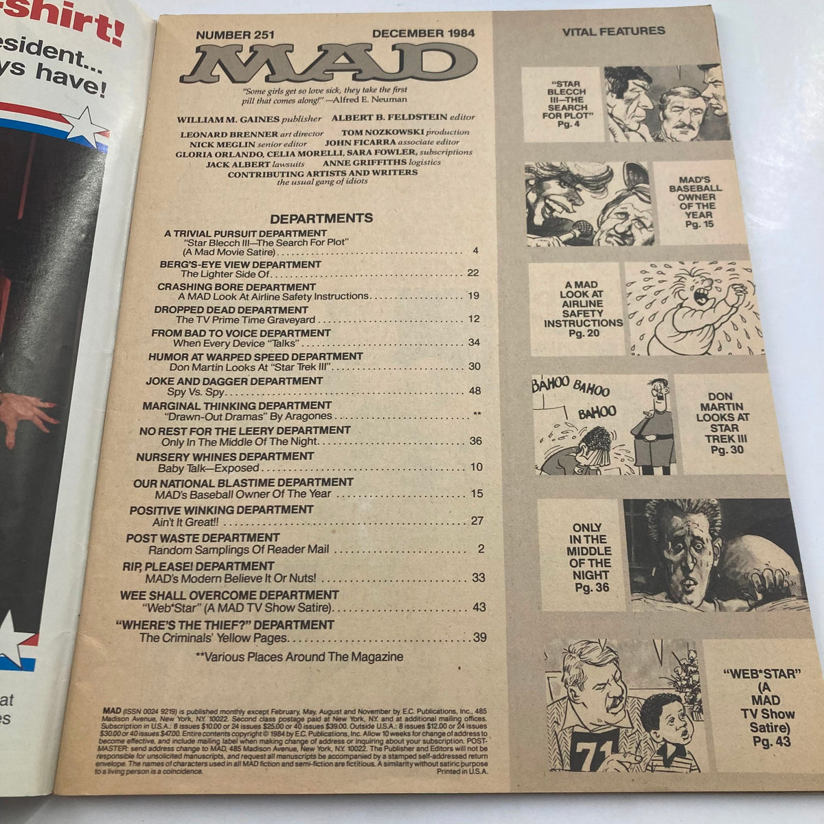 Interior page of Mad Magazine December 1984 No. 251 featuring the table of contents and various departments including satire and humor sections related to pop culture.