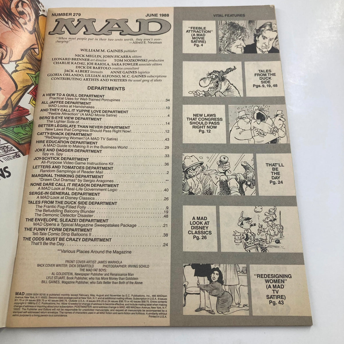 Inside page of Mad Magazine June 1988 No. 279, showing the table of contents with features like 'Feeble Attraction' and 'A Mad Look at Disney Classics' highlighting the magazine's satirical style.