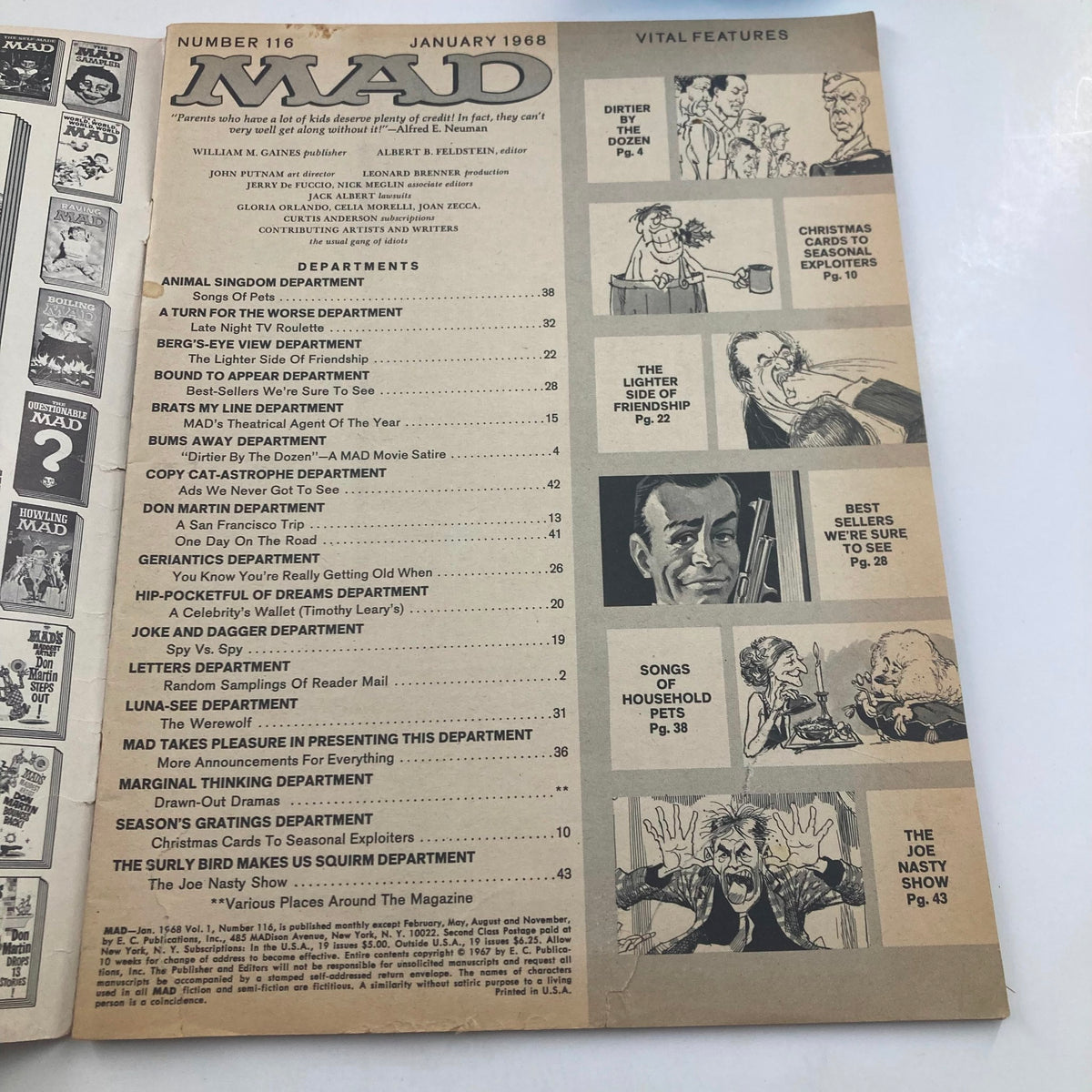Inside page of Mad Magazine January 1968 No. 116, showcasing the table of contents with various department titles and graphics.