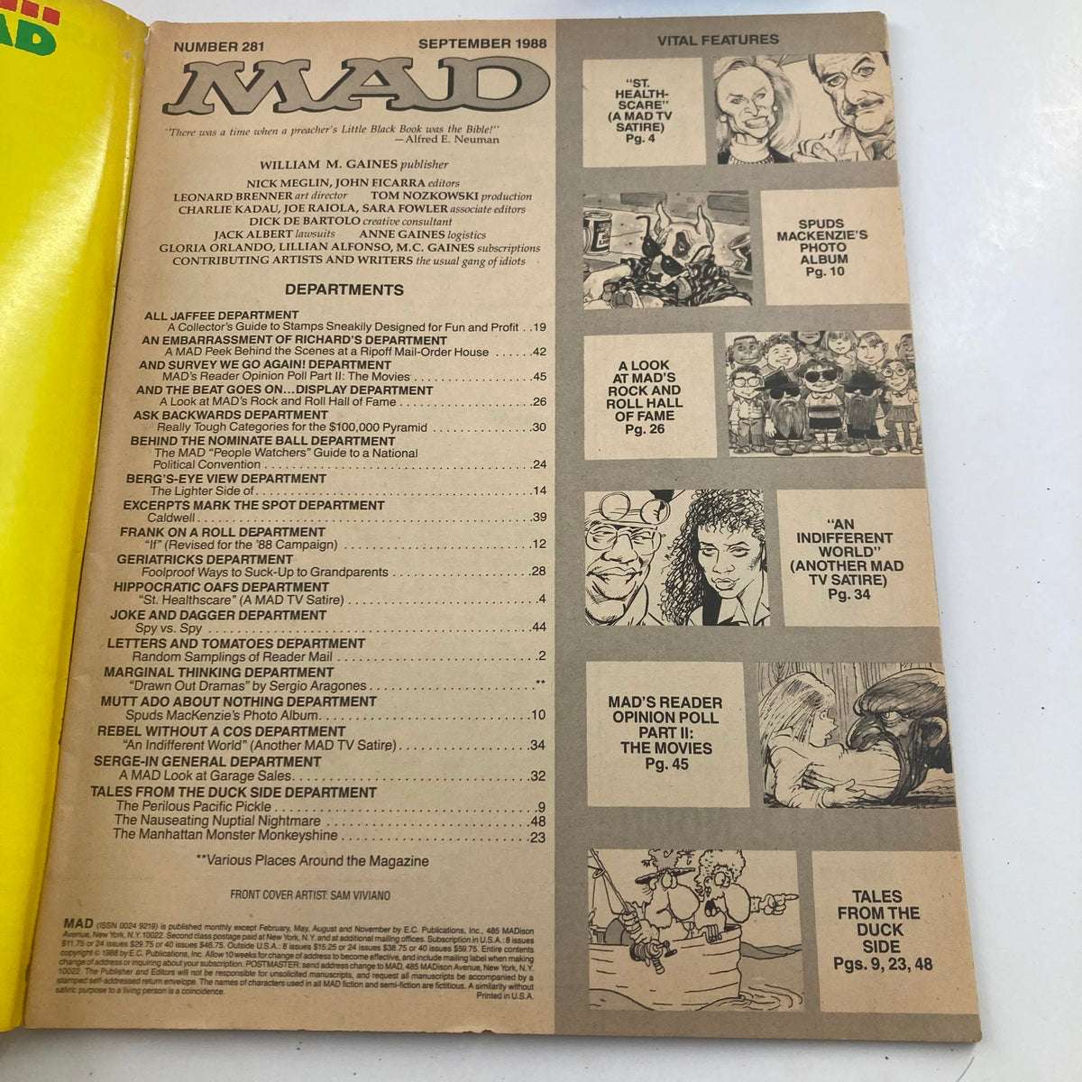Inside page of Mad Magazine September 1988 No. 281, displaying the table of contents with details about various satire and humor sections.