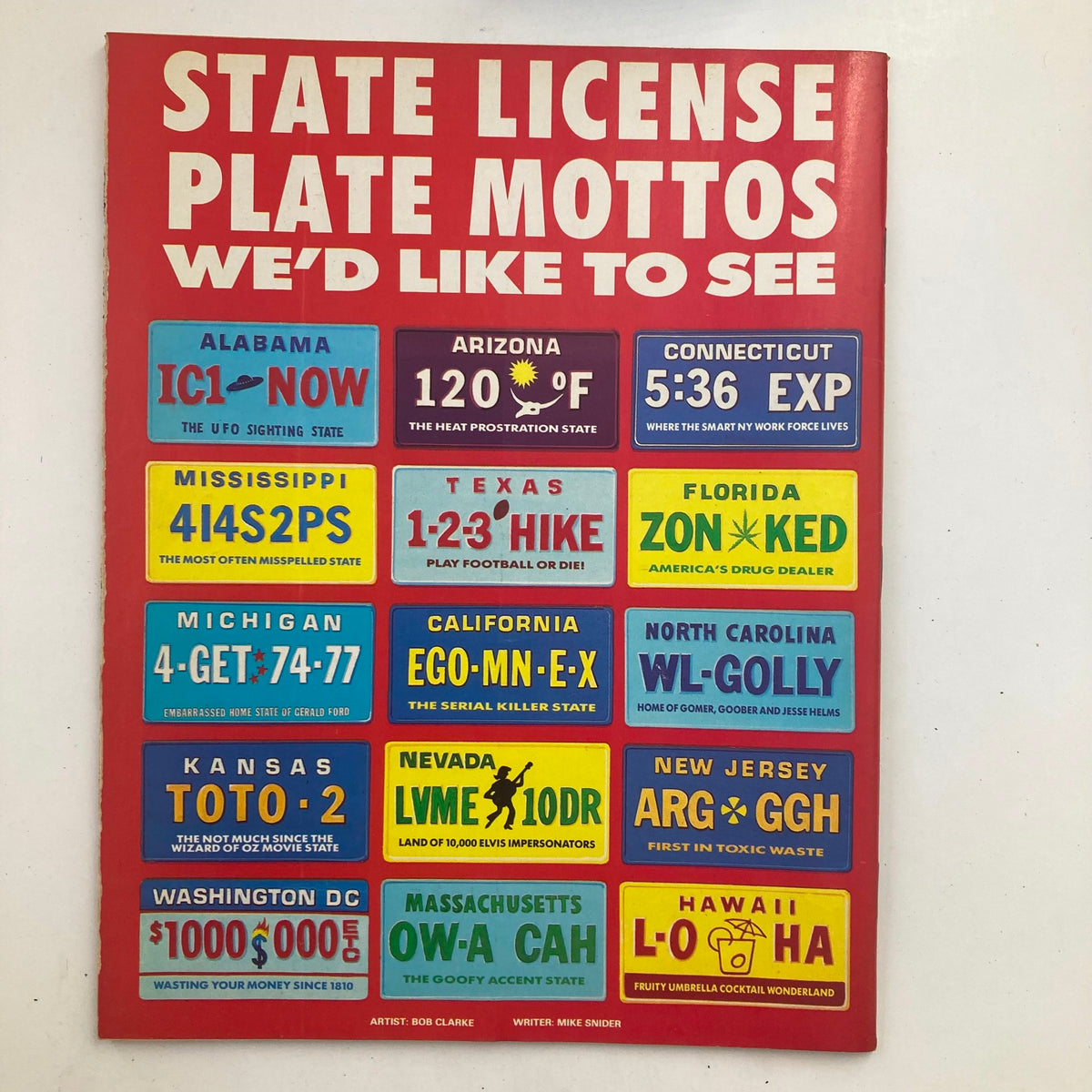 Mad Magazine September 1988 No. 281 features a humorous illustration of state license plate mottos, showcasing quirky and funny taglines for various states. This collectible edition titled A Different World 2.0 captures the satirical essence of the late '80s, making it a unique item for vintage magazine collectors.