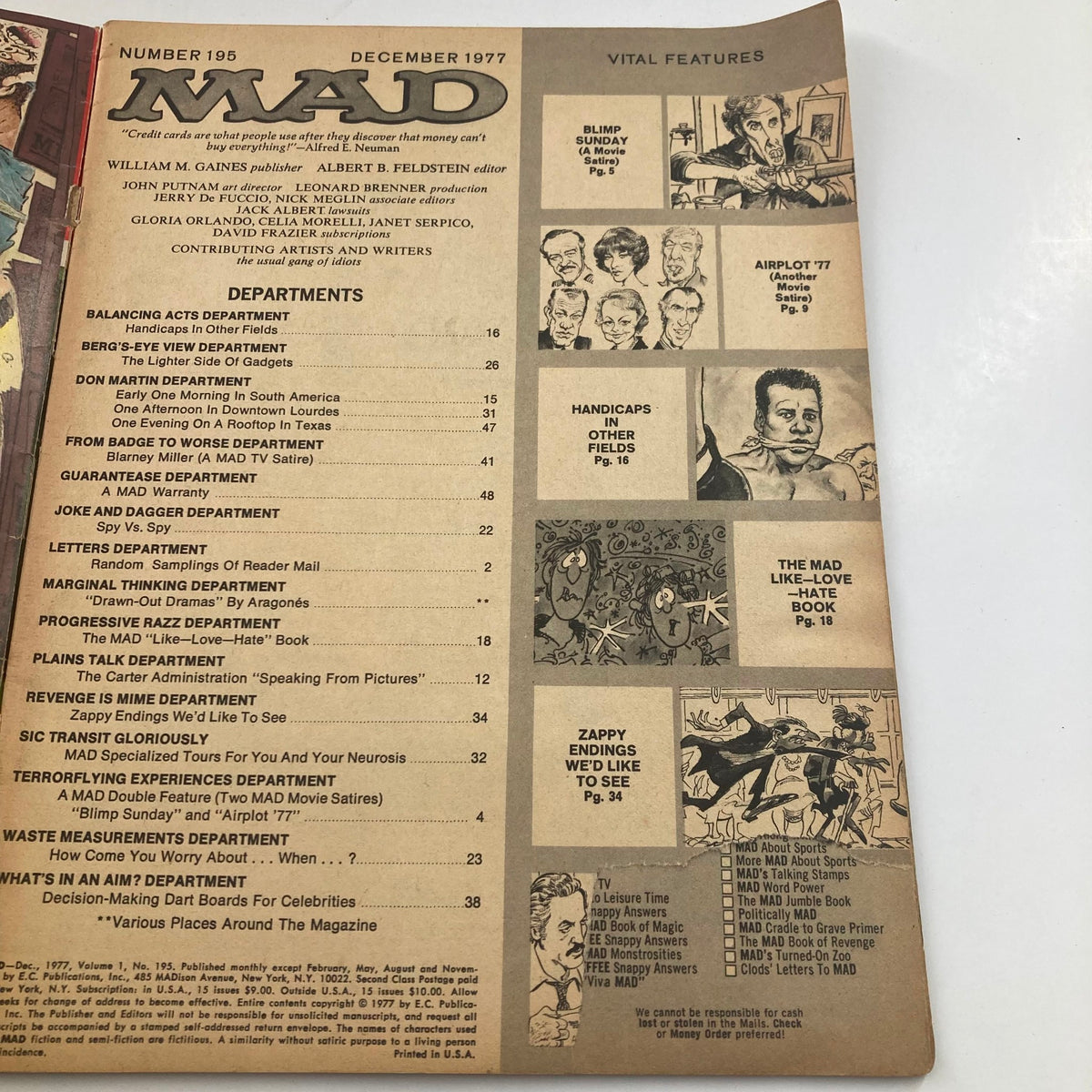 Inner contents page of Mad Magazine December 1977 No. 195 showcasing various comic features and departments, emphasizing the humor and culture of the era.