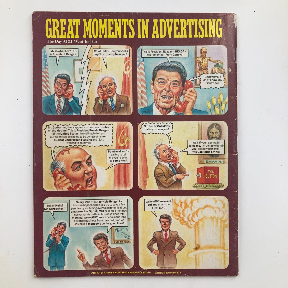 Back cover of Mad Magazine June 1986 No. 263 featuring a comedic cartoon titled 'Great Moments in Advertising' depicting a humorous interaction between President Reagan and Gorbachev.