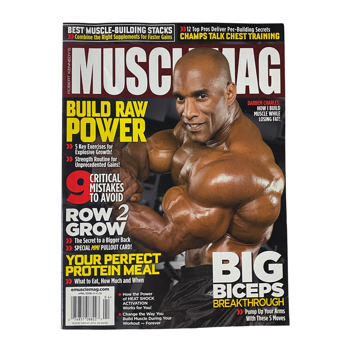 MuscleMag International Magazine April 2009, No. 323 featuring Darrem Charles on the cover, showcasing bodybuilding focus with articles on power building and fitness tips.