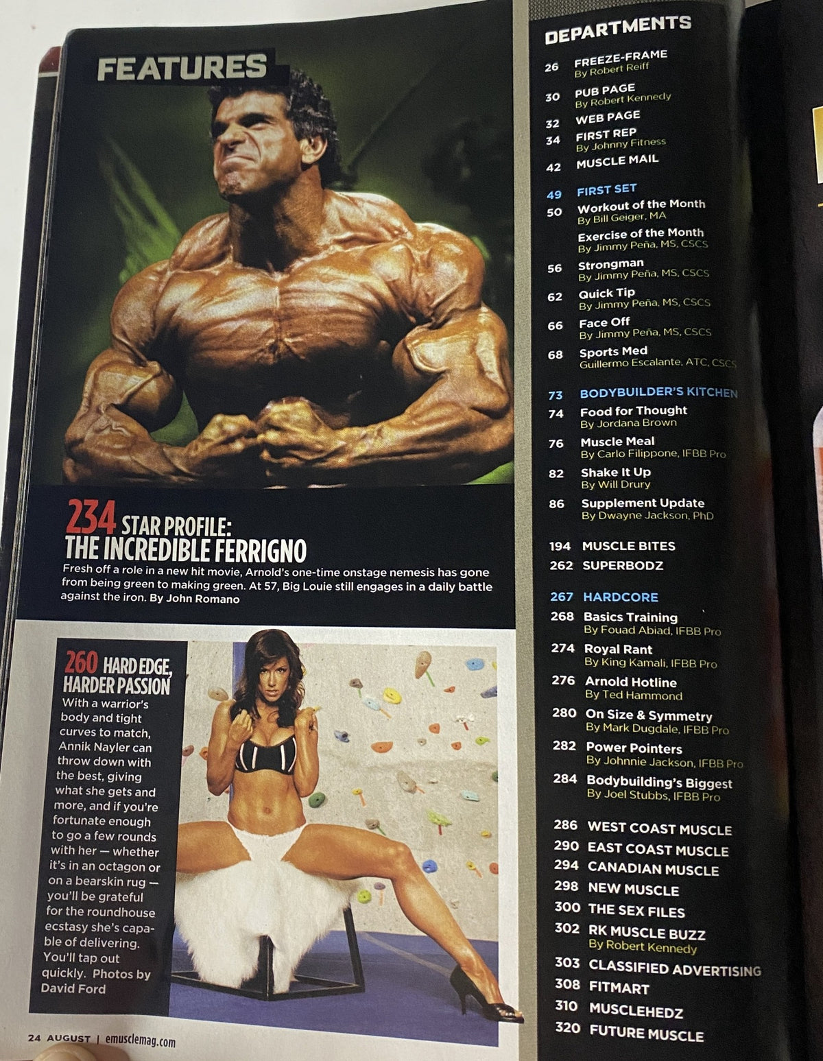 Feature article page from MuscleMag International Magazine August 2009 No. 327, focusing on bodybuilding superstar Incredible Ferrigno and training insights.