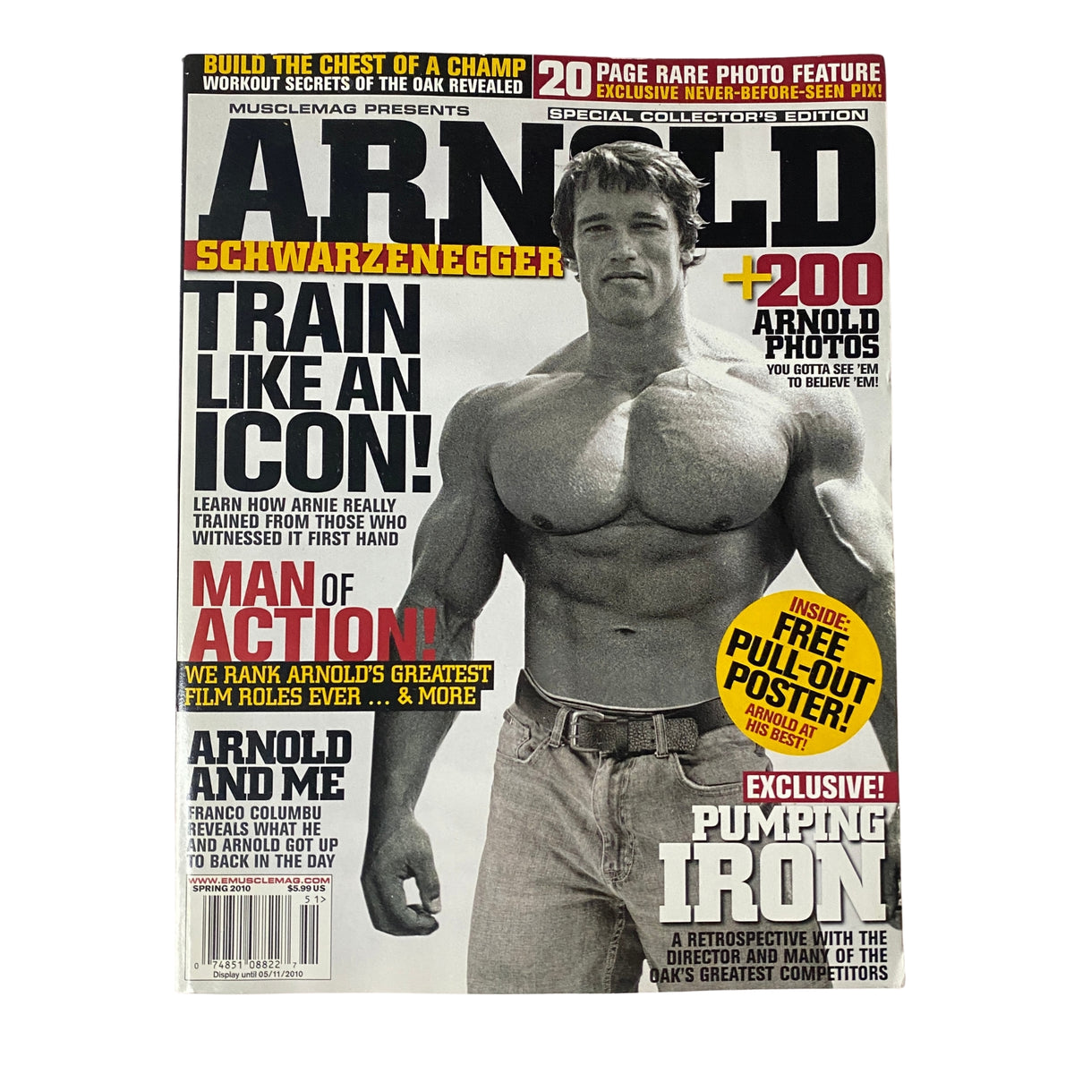 Cover of MuscleMag International Magazine Spring 2010 featuring Arnold Schwarzenegger with the title 'Train Like an Icon!' and a free pull-out poster.