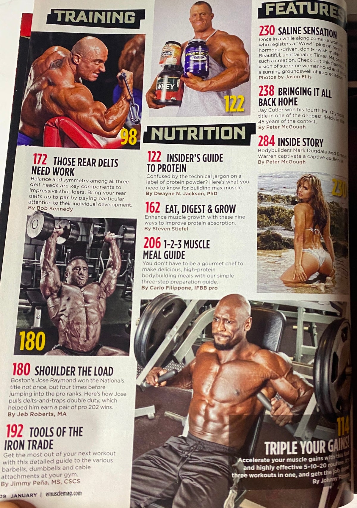 Training and Nutrition section from MuscleMag International Magazine January 2011, No. 344 featuring bodybuilding workouts and dietary advice.