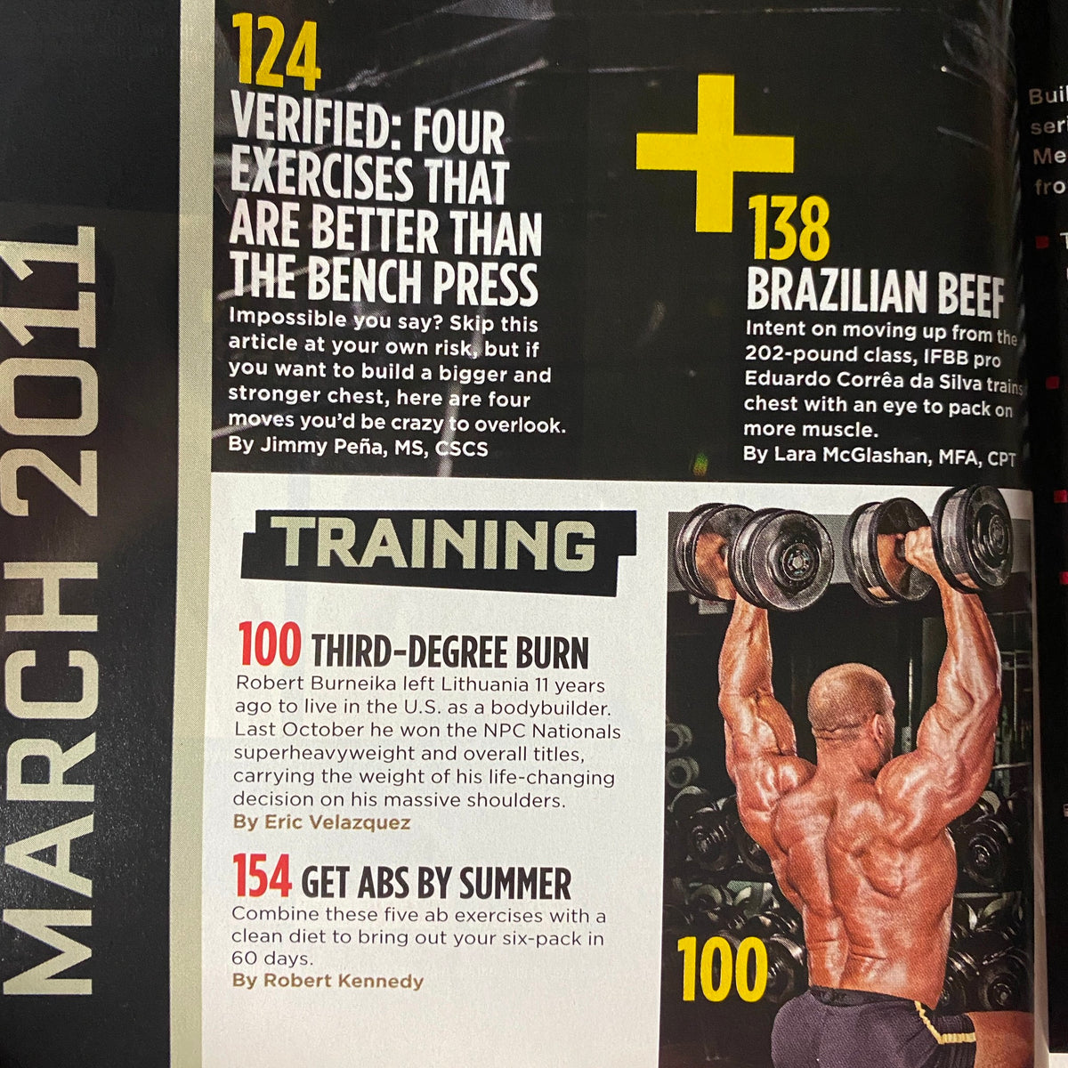 Interior page of MuscleMag International Magazine March 2011 #346 showcasing training exercises with emphasis on bench press alternatives.