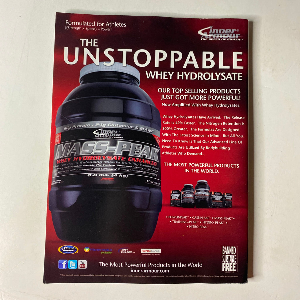 Advertisement for Inner Armour's Unstoppable Whey Hydrolysate in MuscleMag International Magazine March 2011 #346, promoting protein supplements for athletes.