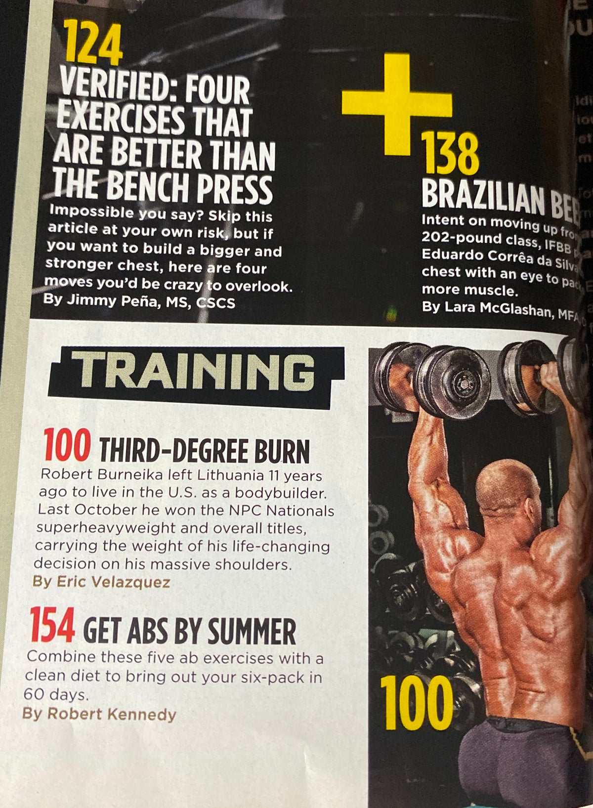 Interior page from MuscleMag International Magazine March 2011, No. 346 showcasing an article about training exercises by Jimmy Peña, MS, CSCS.