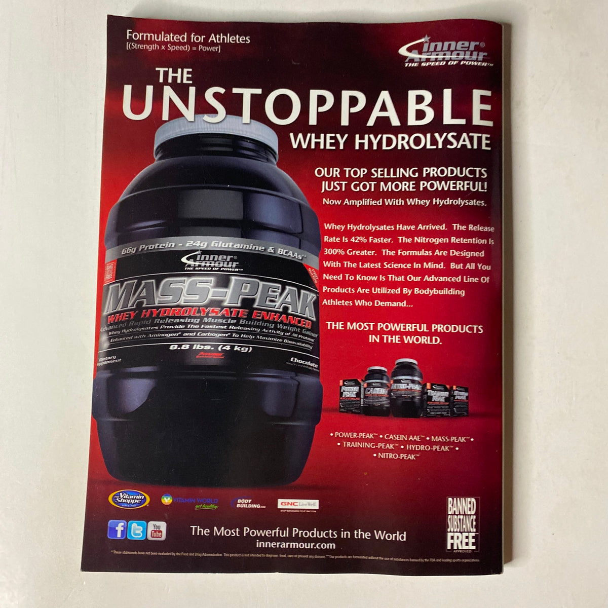 MuscleMag International Magazine March 2011 #346 advertisement for Inner Armour's Unstoppable Whey Hydrolysate, showcasing a powerful protein supplement for athletes.