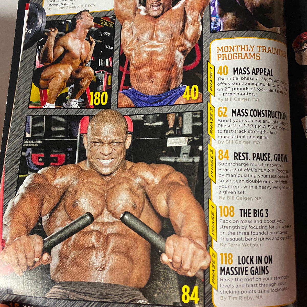 Inside page from MuscleMag International Magazine Winter 2011 displaying workout programs for bodybuilding, including Mass Appeal and Lock In on Massive Gains featuring muscle training by professionals.