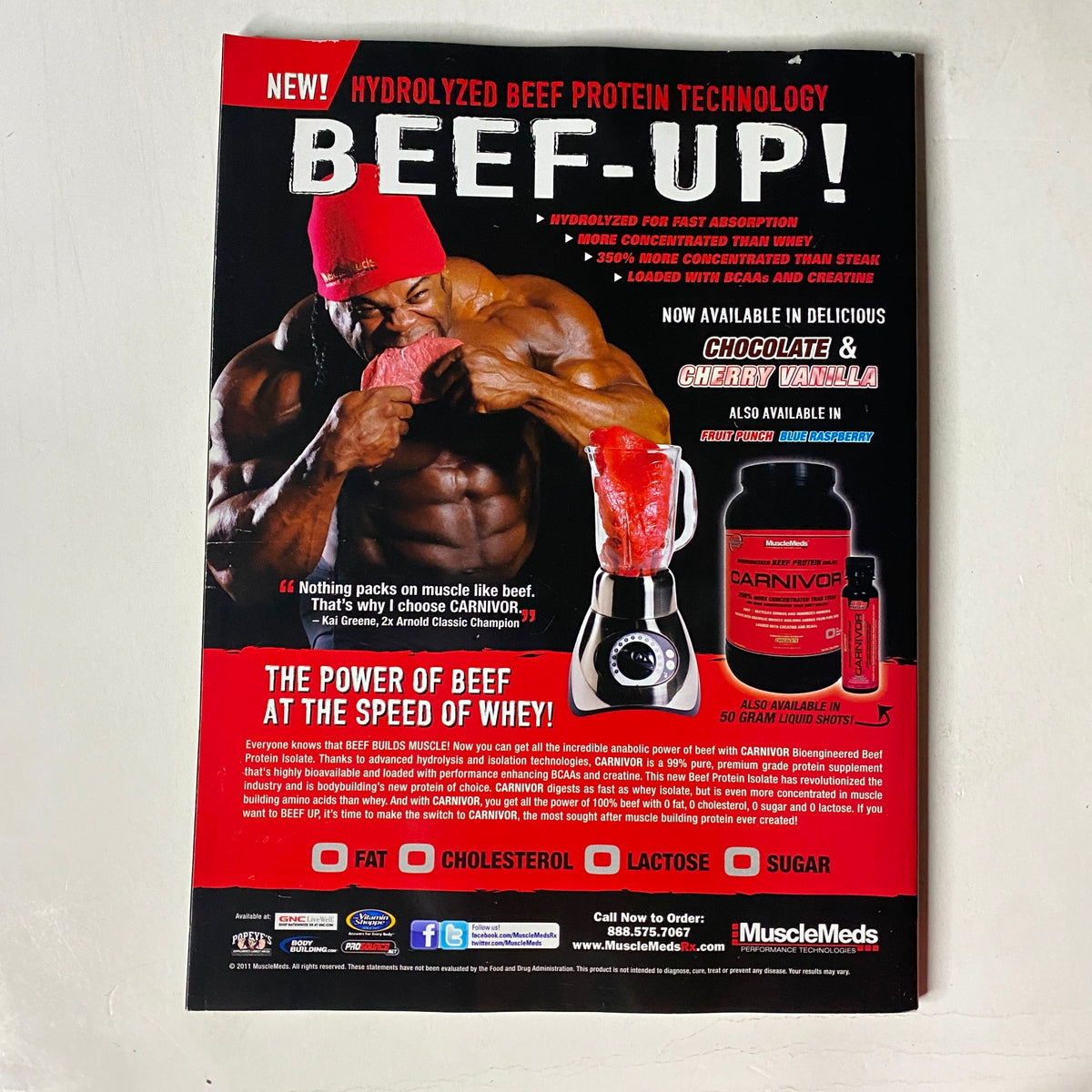 Back cover of MuscleMag International Magazine Winter 2011 showcasing an advertisement for Hydrolyzed Beef Protein technology with a muscular athlete promoting the product. Focused on beef protein benefits for bodybuilding and nutrition.