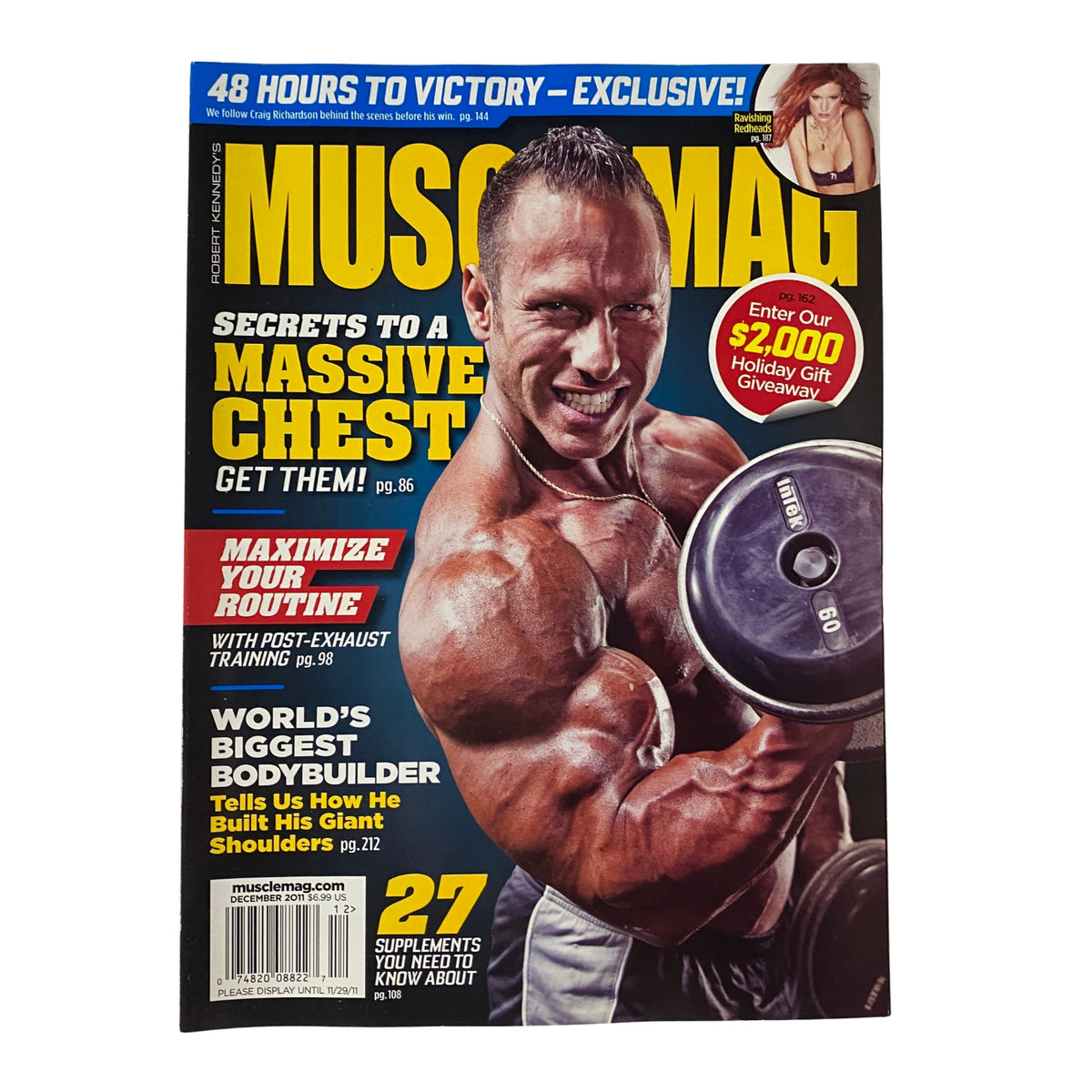 Cover of MuscleMag International Magazine December 2011 featuring Michael Liberatore, showcasing bodybuilding tips, training secrets, and supplement reviews.