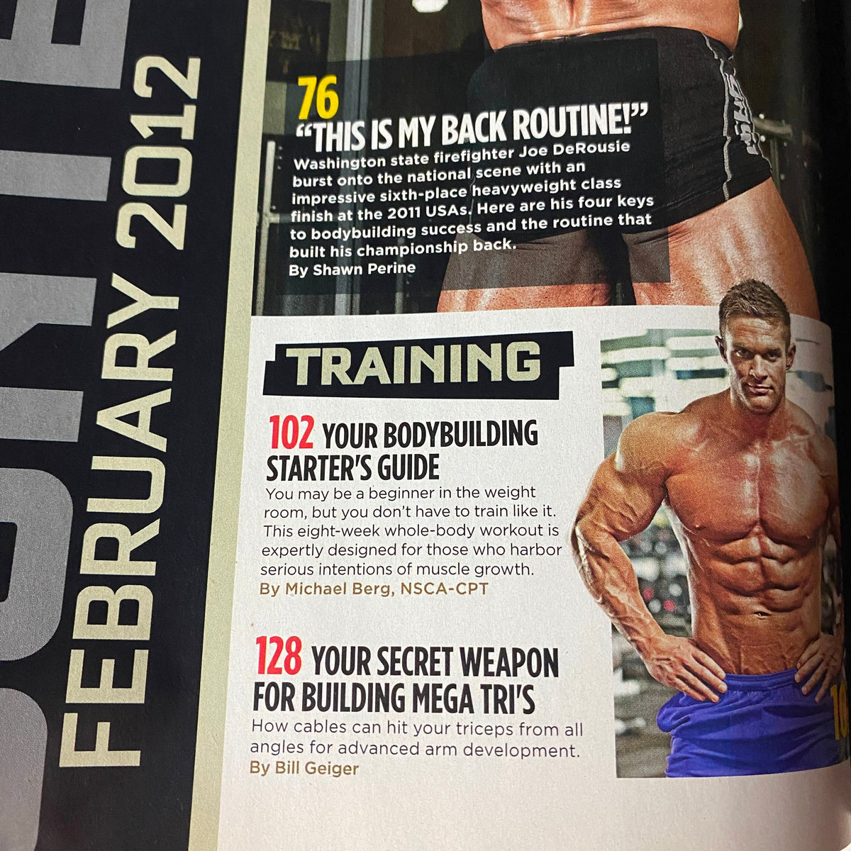 Inside page of MuscleMag International Magazine February 2012, highlighting a bodybuilding starter's guide and training routines.