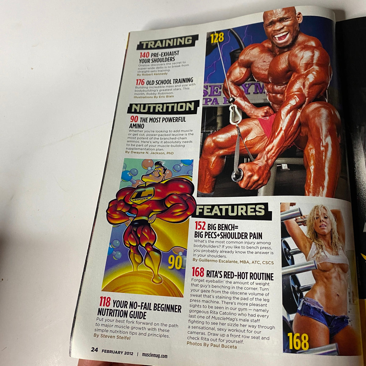 Feature article layout in MuscleMag International Magazine February 2012, presenting nutrition tips and workout routines with images of bodybuilders.