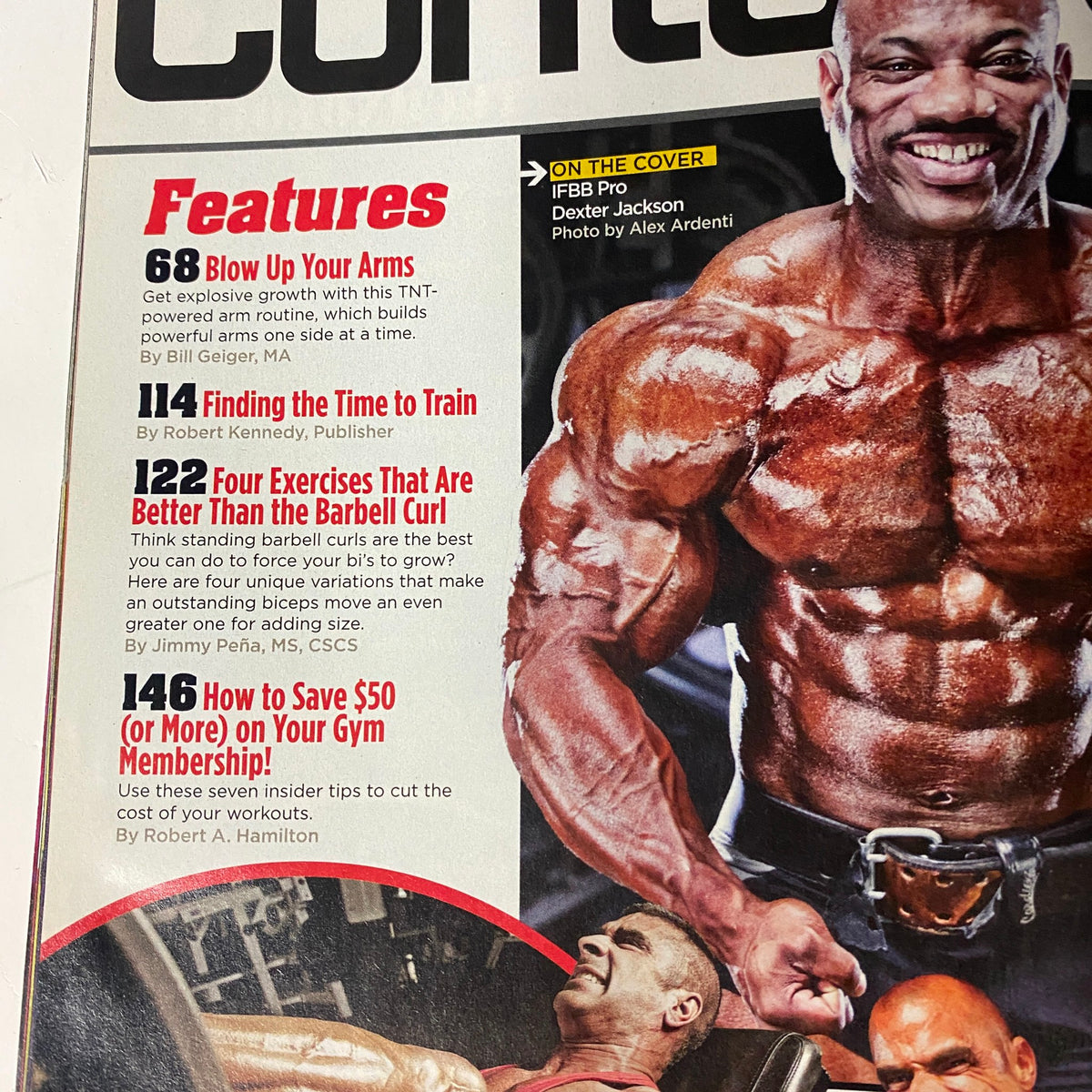 MuscleMag International Magazine March 2012 cover featuring Dexter Jackson, showcasing articles on arm workouts, time management for training, and cost-saving gym strategies.