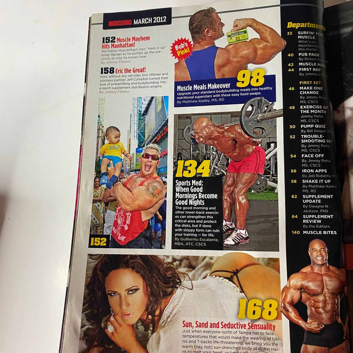 Inside page of MuscleMag International Magazine March 2012 featuring articles on arm training routines and effective workout strategies for bodybuilding enthusiasts.