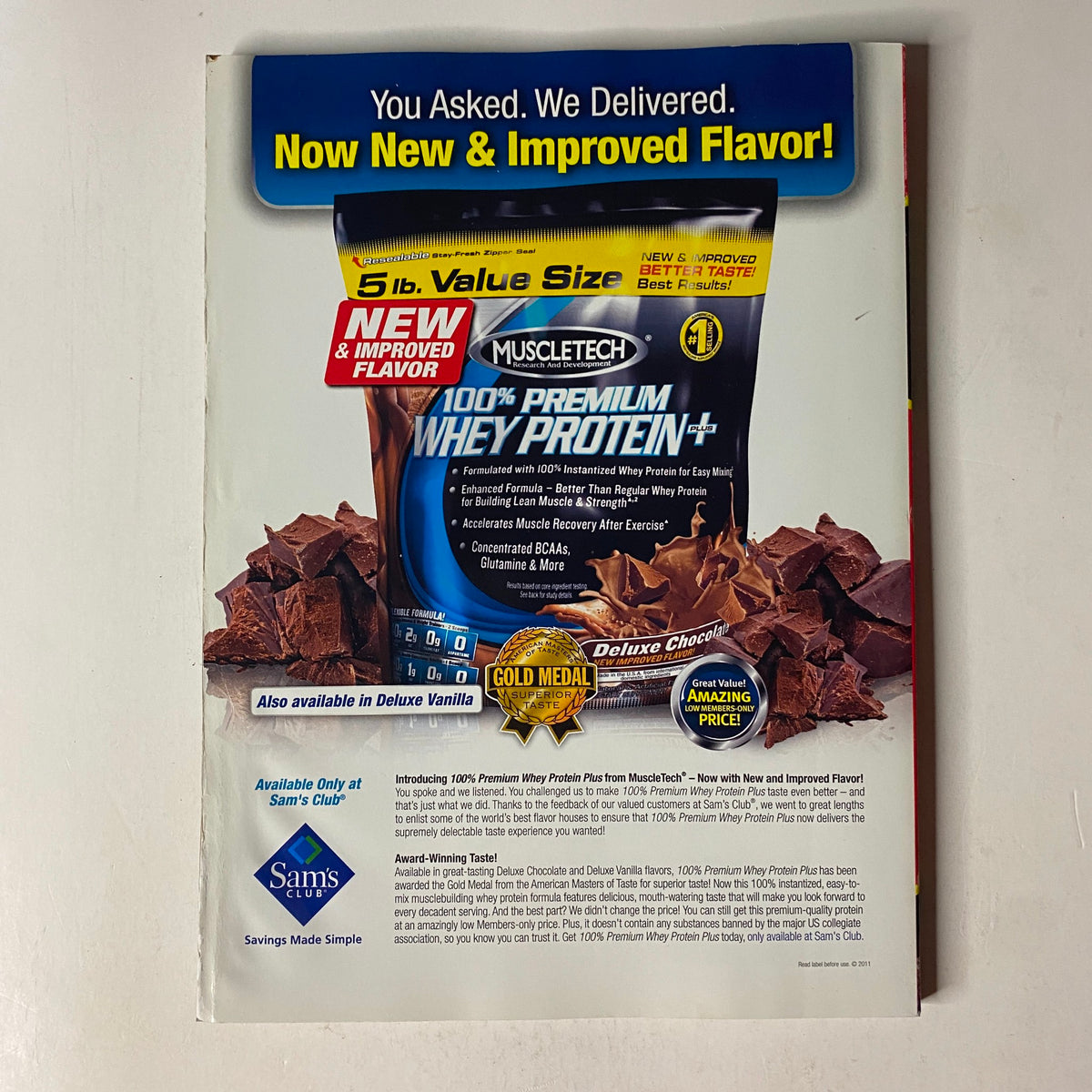Advertisement on the back page of MuscleMag International Magazine March 2012 for Muscletech's 100% Premium Whey Protein, highlighting its new flavor and value size.